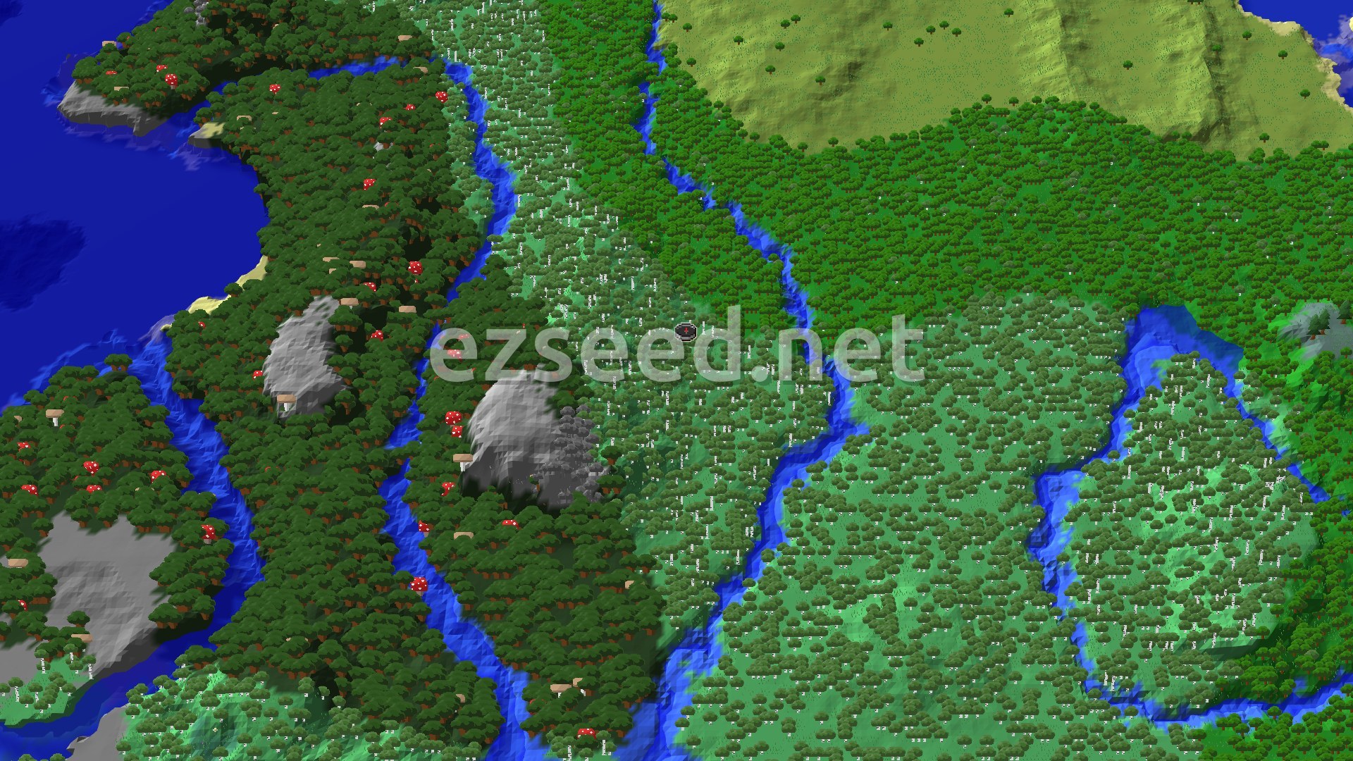 A 3D render of a Minecraft world, showing a dense birch forest around a spawn marker, with a river winding through.