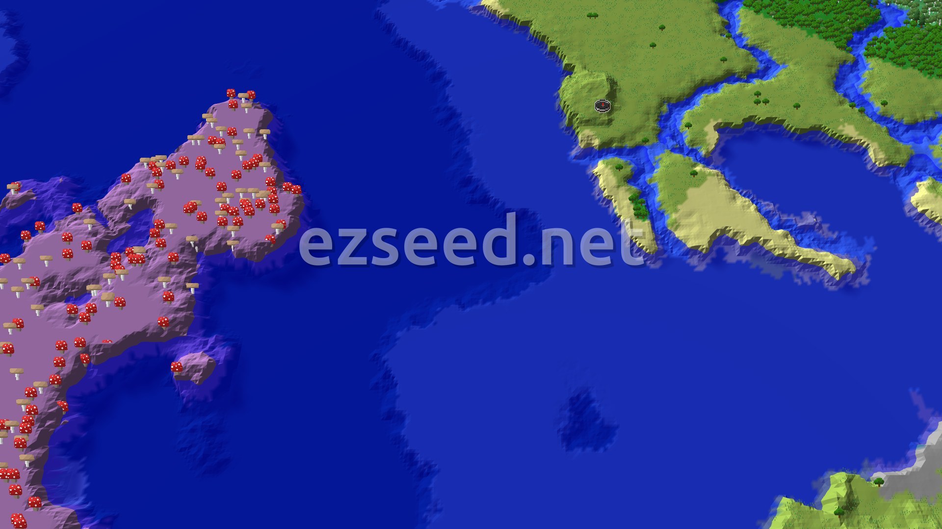 A 3D overhead view of a green plains biome with winding rivers, leading to a large blue ocean. To the left, a purple island with many red-capped mushrooms rises from the water.