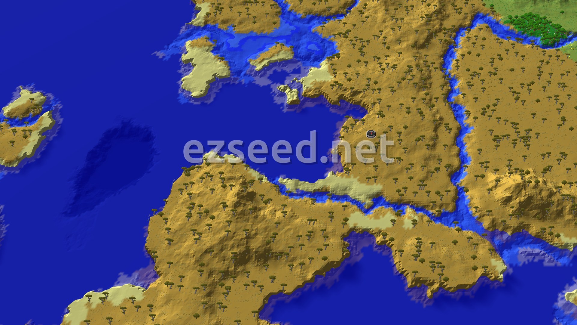 A bird's-eye view of a savanna landscape with scattered acacia trees and hills, bordered by a large ocean and winding rivers. A small marker indicates the spawn point.