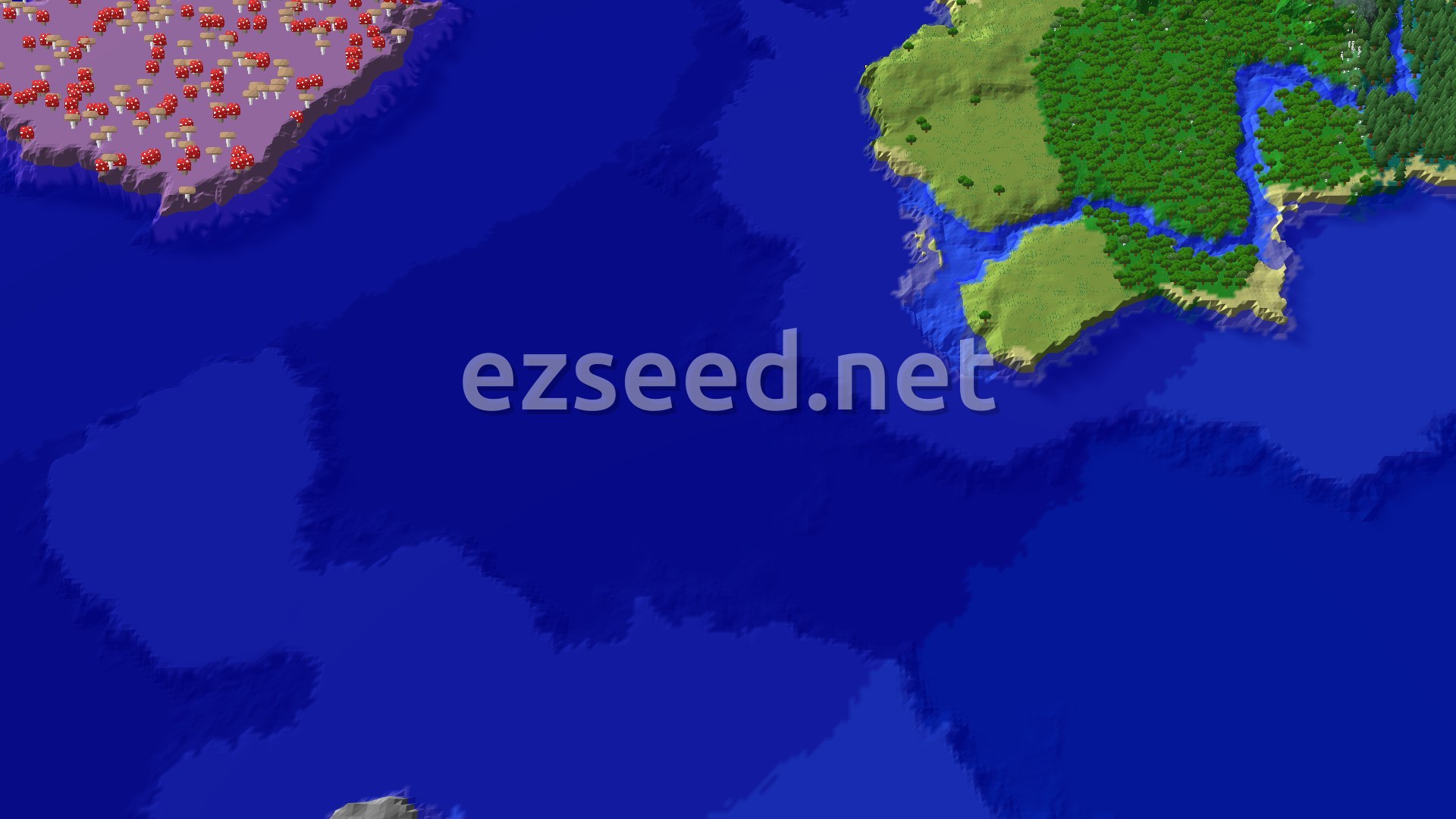 A 3D fly-over of a Minecraft world showing a spawn marker on a green plains biome, with a winding river and a large ocean. To the upper left, a vibrant purple and red mushroom fields island stands out.