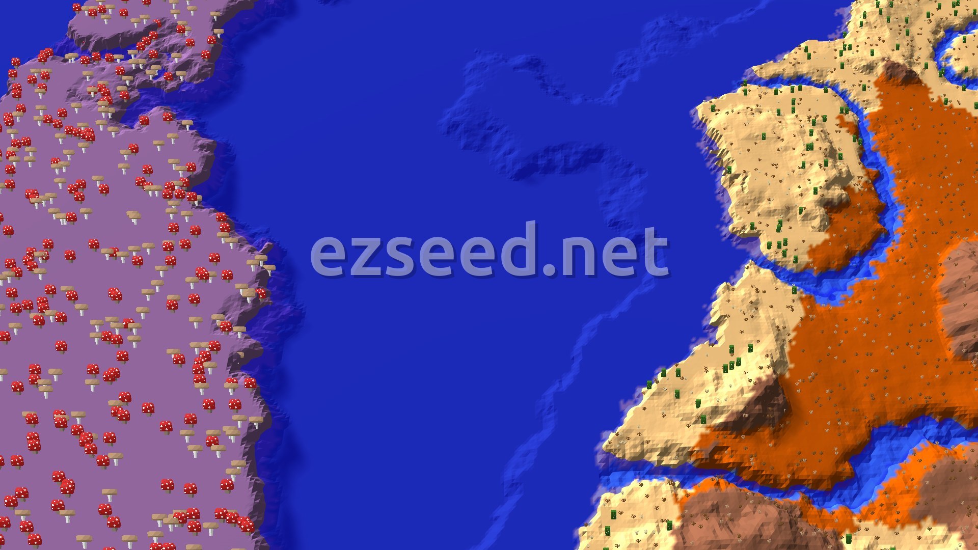 An aerial view shows a large body of water separating a vibrant purple mushroom fields biome from a desert and badlands landscape with rivers.