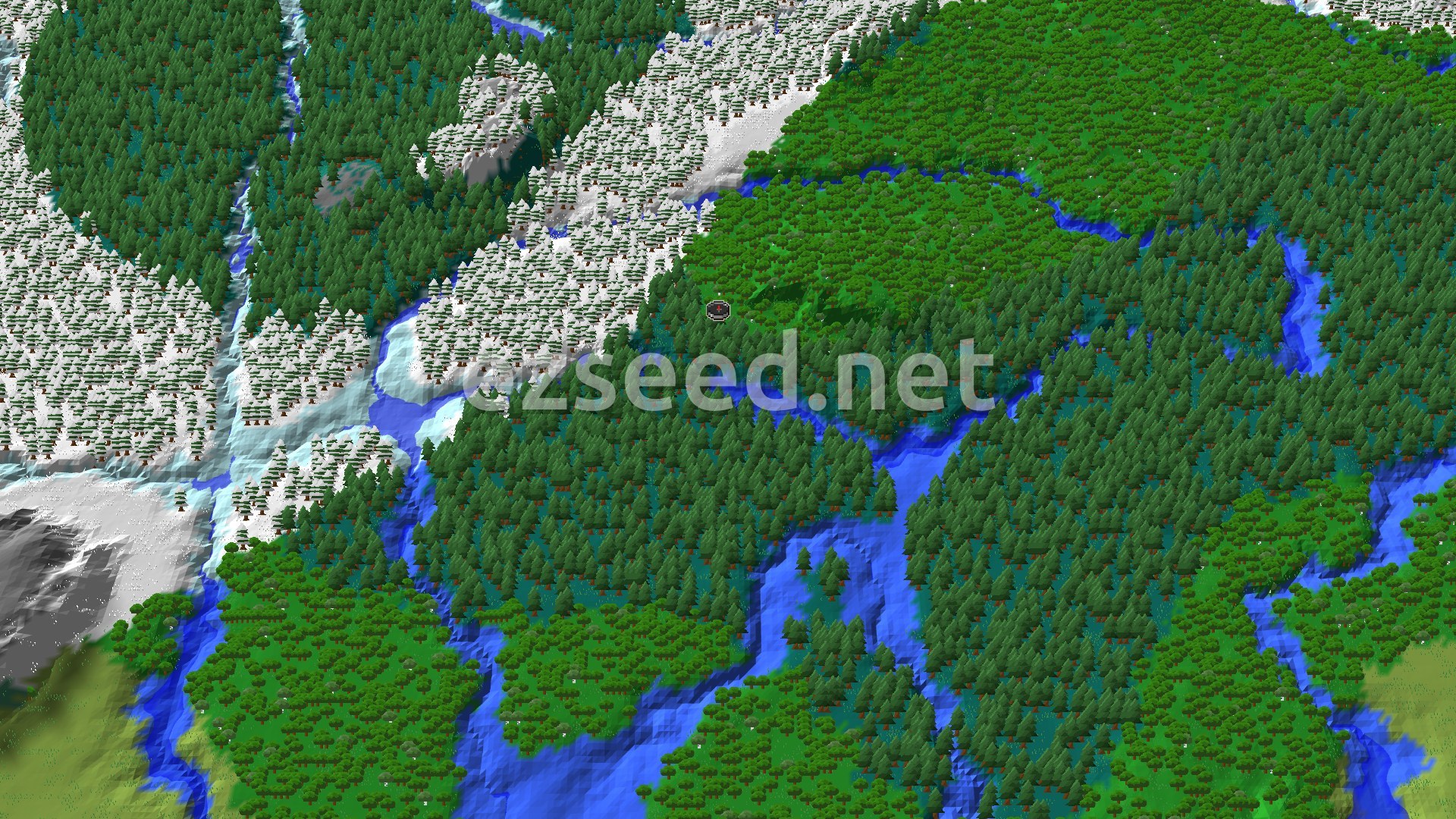 A bird's-eye view of a varied landscape, showing dense green taiga forests alongside snowy taiga and winding rivers, with a small spawn marker in the center of the green trees.