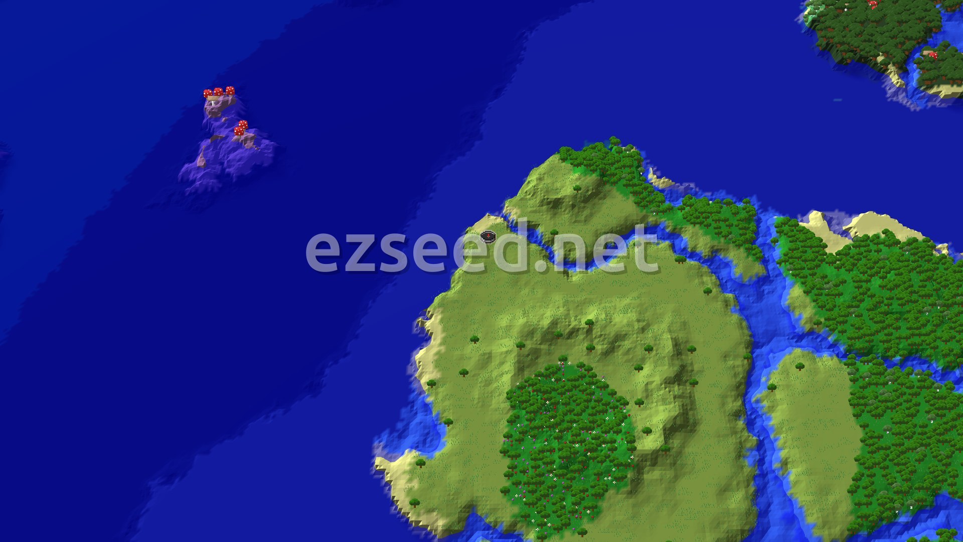 An overhead 3D view shows a large landmass with a small spawn marker, surrounded by ocean and a distinctive mushroom island in the distance.