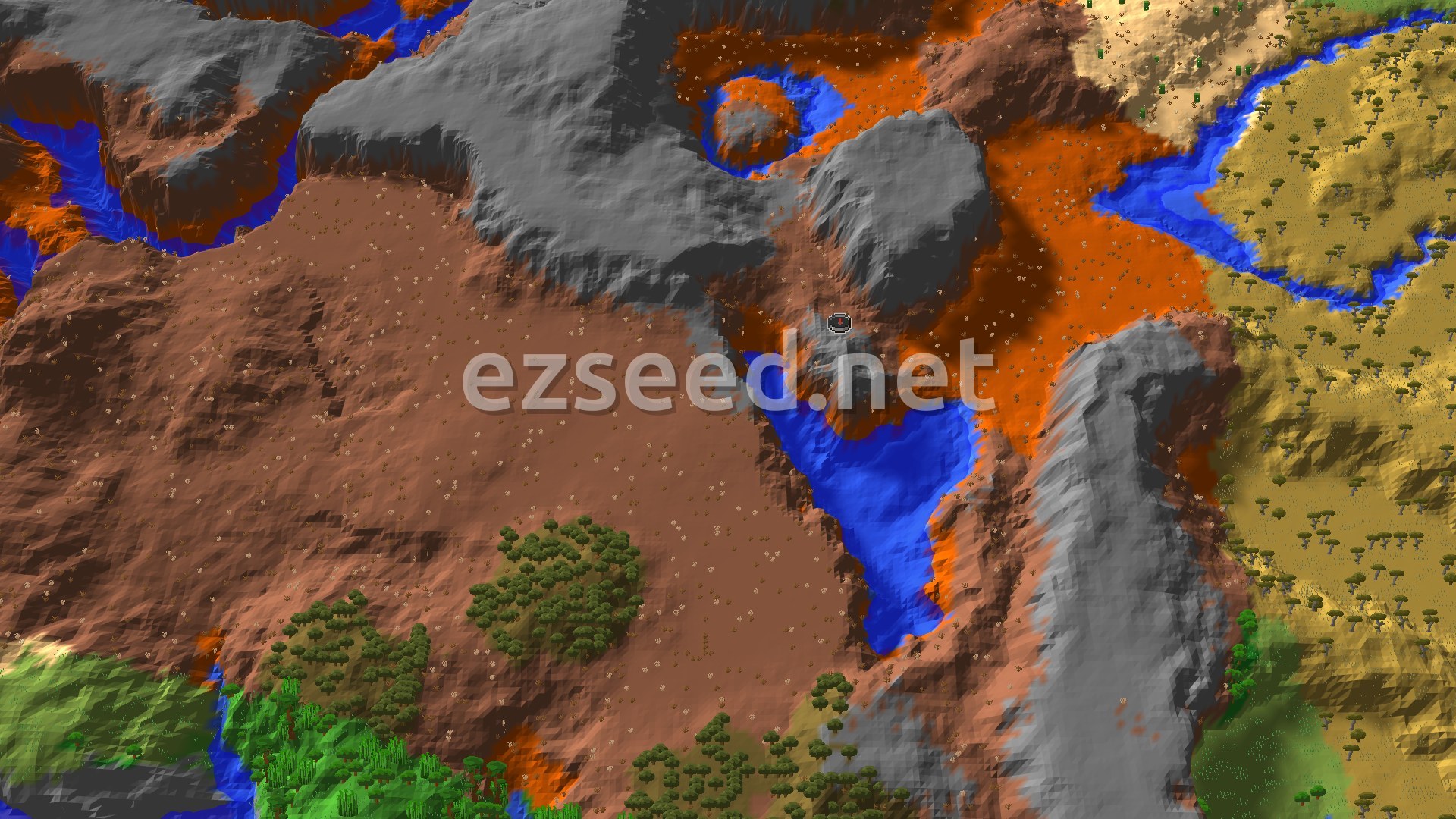 A 3D aerial view showing a diverse landscape dominated by orange and brown badlands, with grey mountains, blue rivers, and patches of green jungle and savanna biomes.