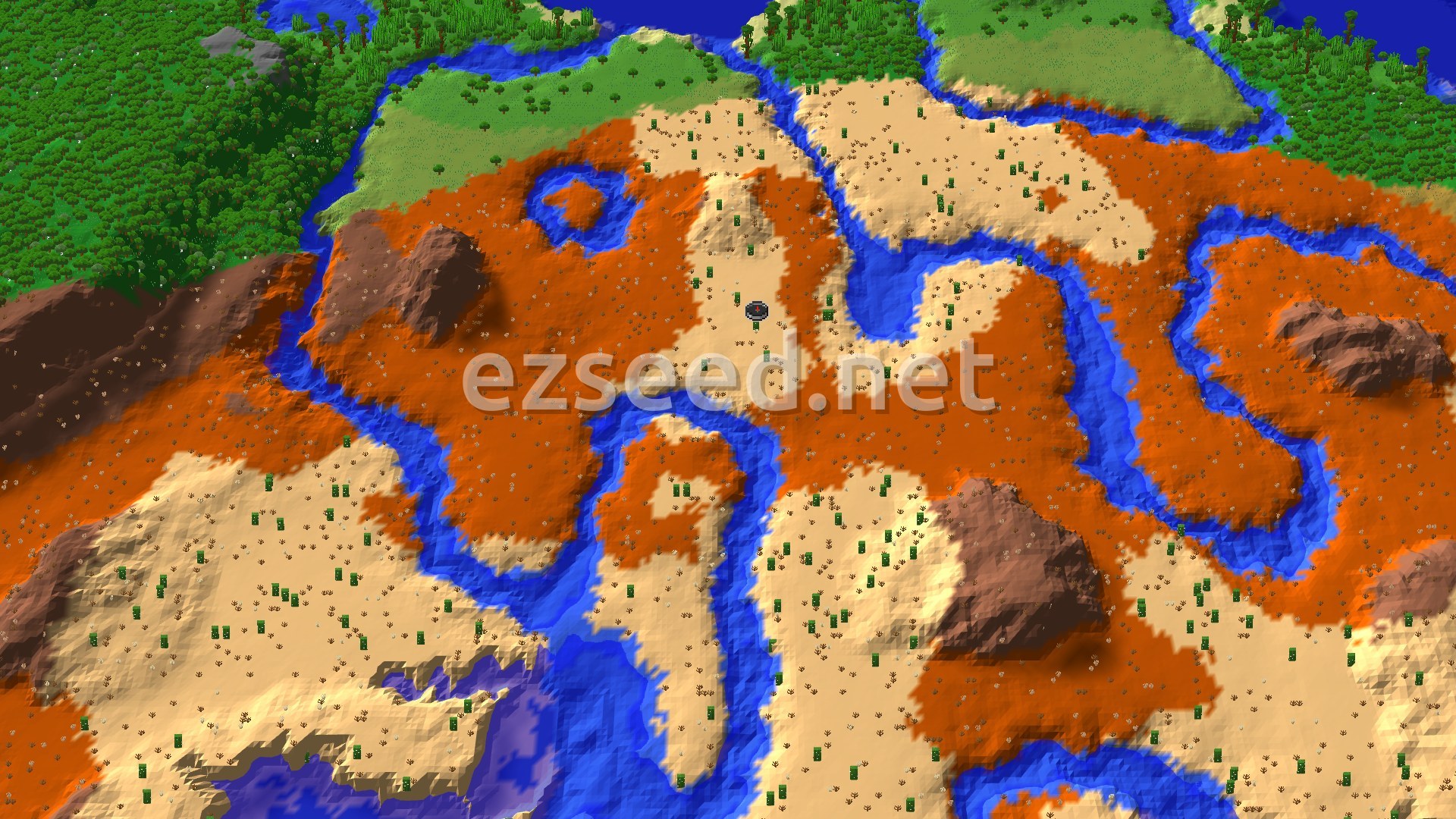 An aerial view of a desert landscape interspersed with rivers and patches of eroded badlands, with a forest in the distance.