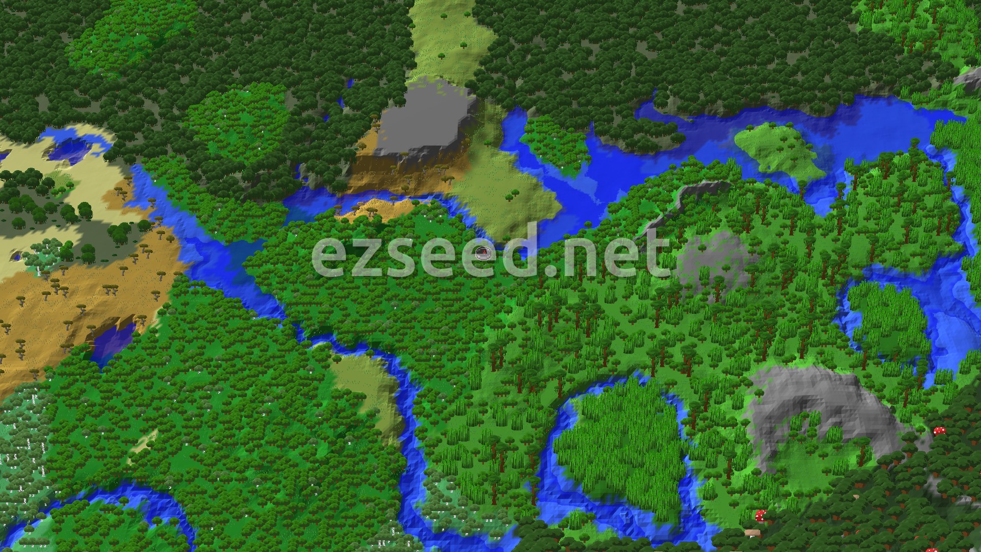 Aerial Minecraft seed map — Woodland Mansion near a Lush Mangrove Swamp
