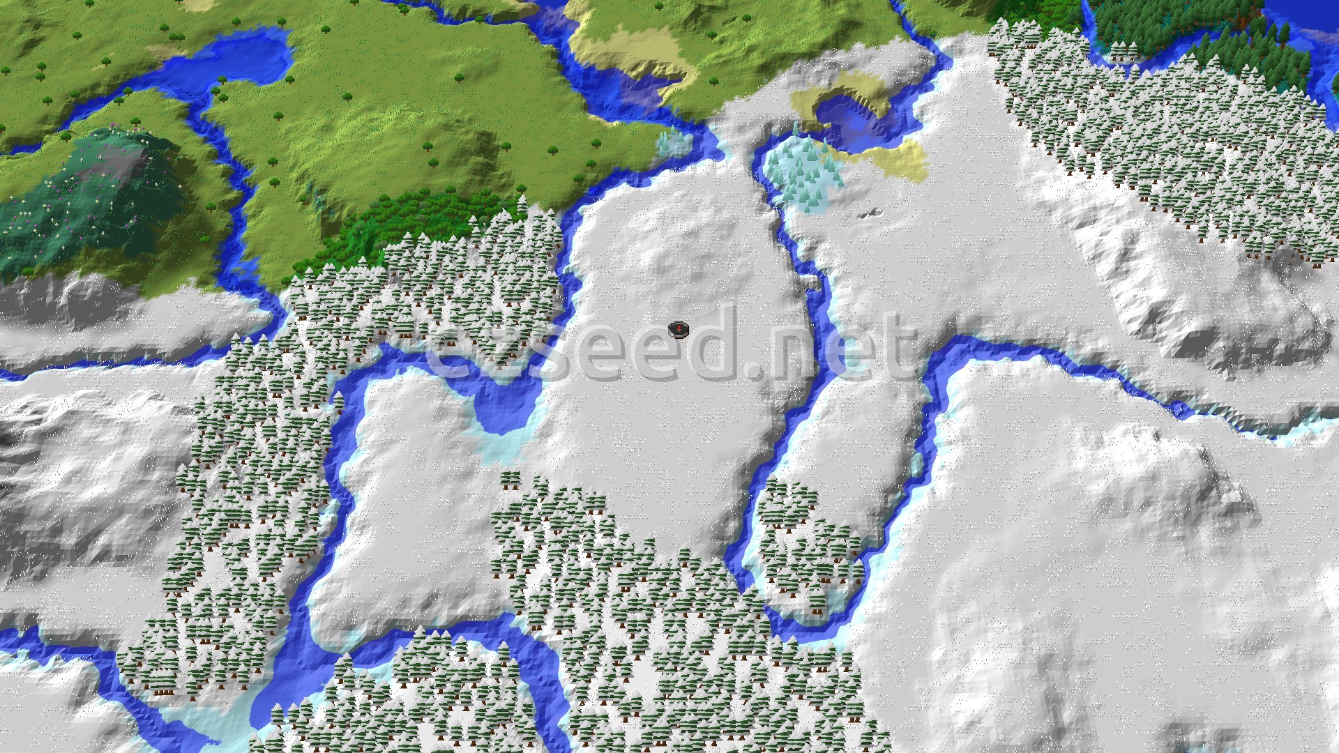 An overhead view of a snow-covered landscape with a central marker. Snowy plains dominate the foreground, bordered by a frozen river and patches of snowy taiga with dense evergreen trees. In the distance, green plains and forests can be seen beyond the snowy biomes.