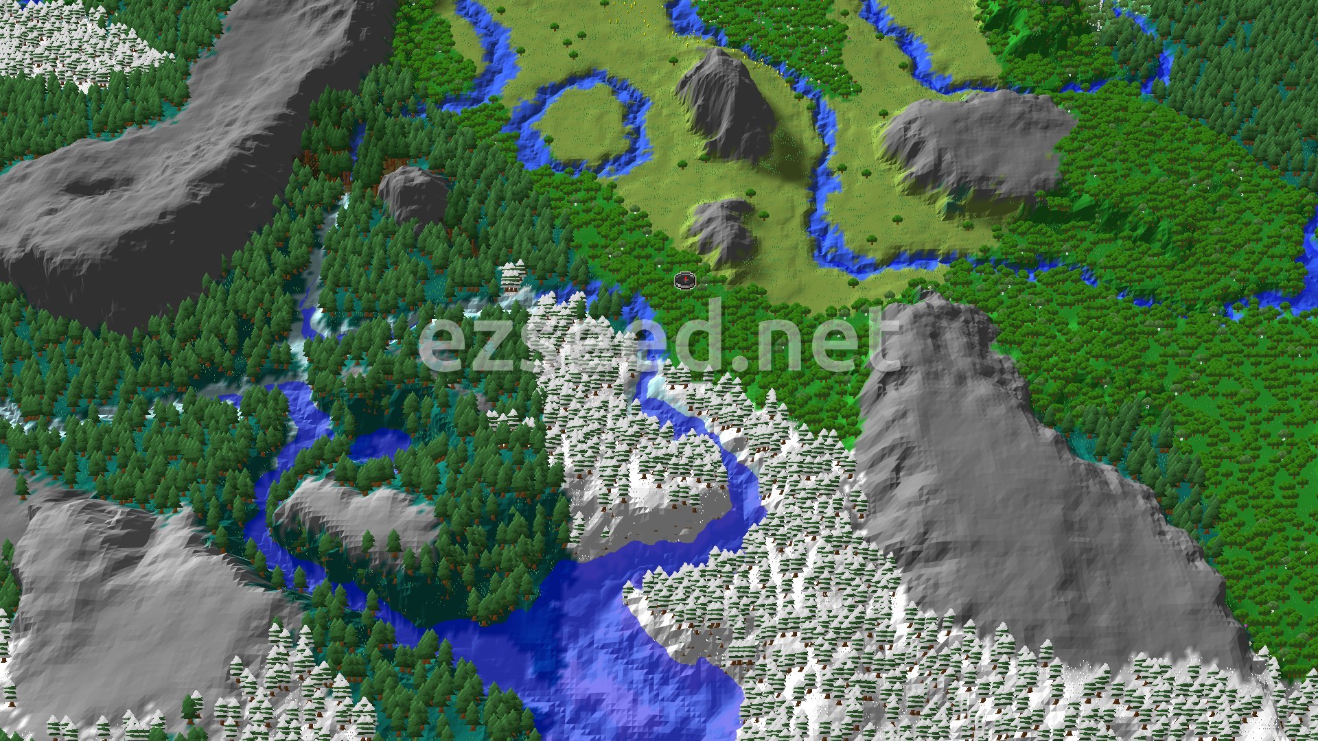 An aerial view of a varied landscape, showing a dense green forest surrounding a central river system. To the north, patches of open plains and smaller hills are visible, while to the south and west, snowy taiga biomes and tall grey mountains dominate the terrain. A small spawn marker is visible in the forest near the river.