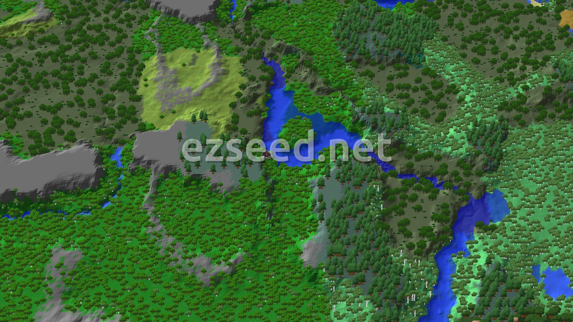 An aerial view of a forested landscape cut by a winding river, with hills and some plains in the distance. The spawn point is marked in the center of a forest.