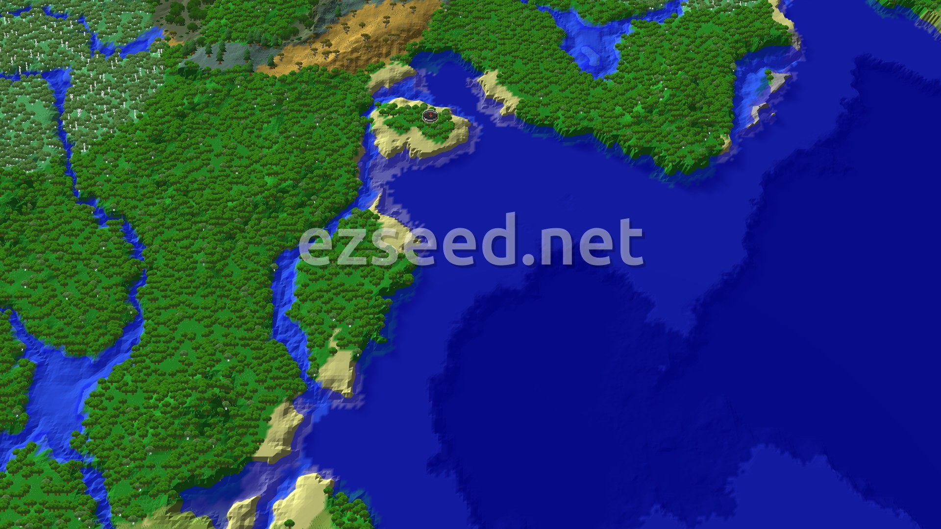 An aerial view of a heavily forested landscape with winding rivers and a large ocean. Sandy beaches line the coast, and a small island with a spawn marker is visible near the center.