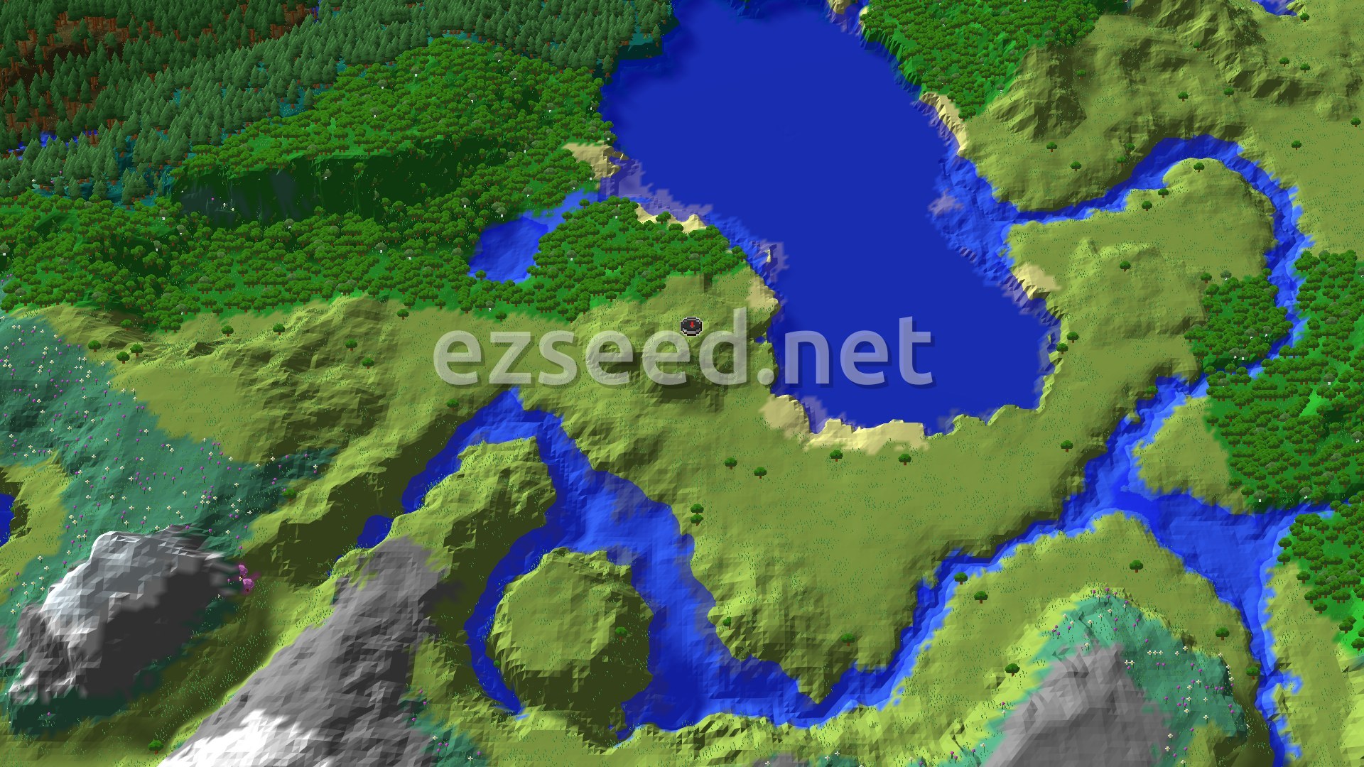 A bird's-eye view of a varied landscape featuring a large lake, winding rivers, green plains, dense forests, and distant snowy peaks, with a small marker at the spawn point.