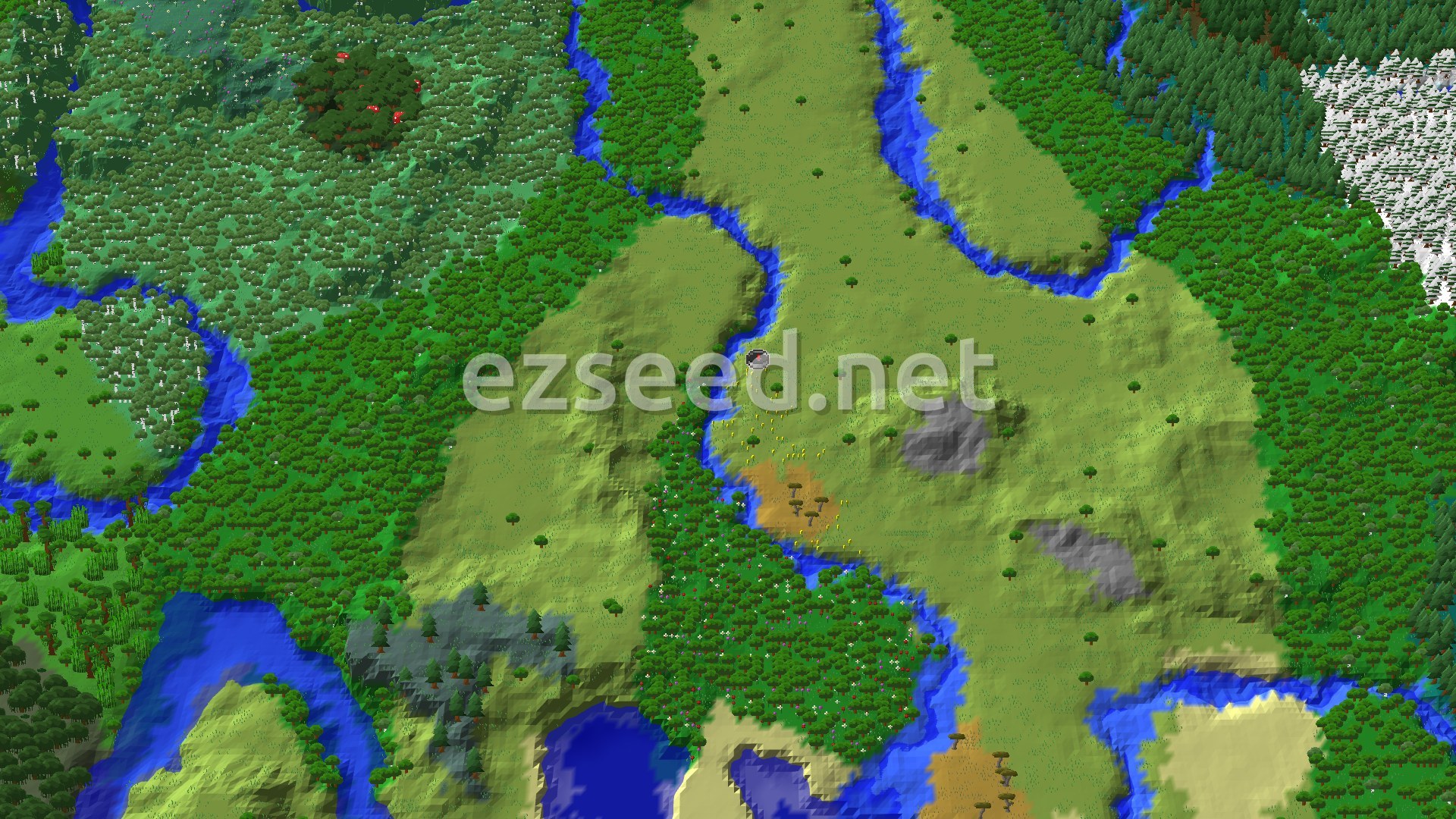 Aerial Minecraft seed map — Flower Forest and Trial Chambers Near Spawn