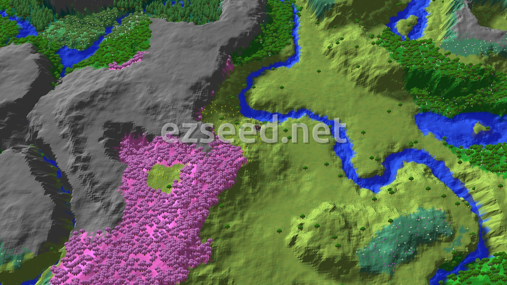 Aerial Minecraft seed map — Cherry Grove Near Spawn, Plus Nearby Trial Chambers