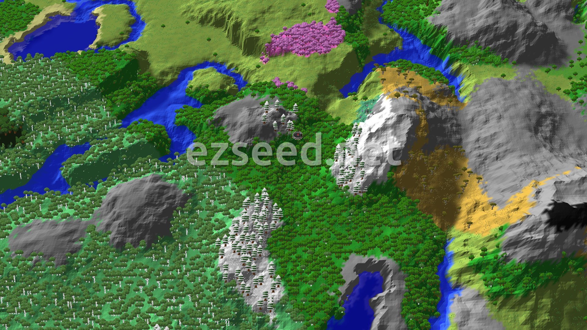 Aerial Minecraft seed map — Forest Spawn with Nearby Cherry Grove and Peaks