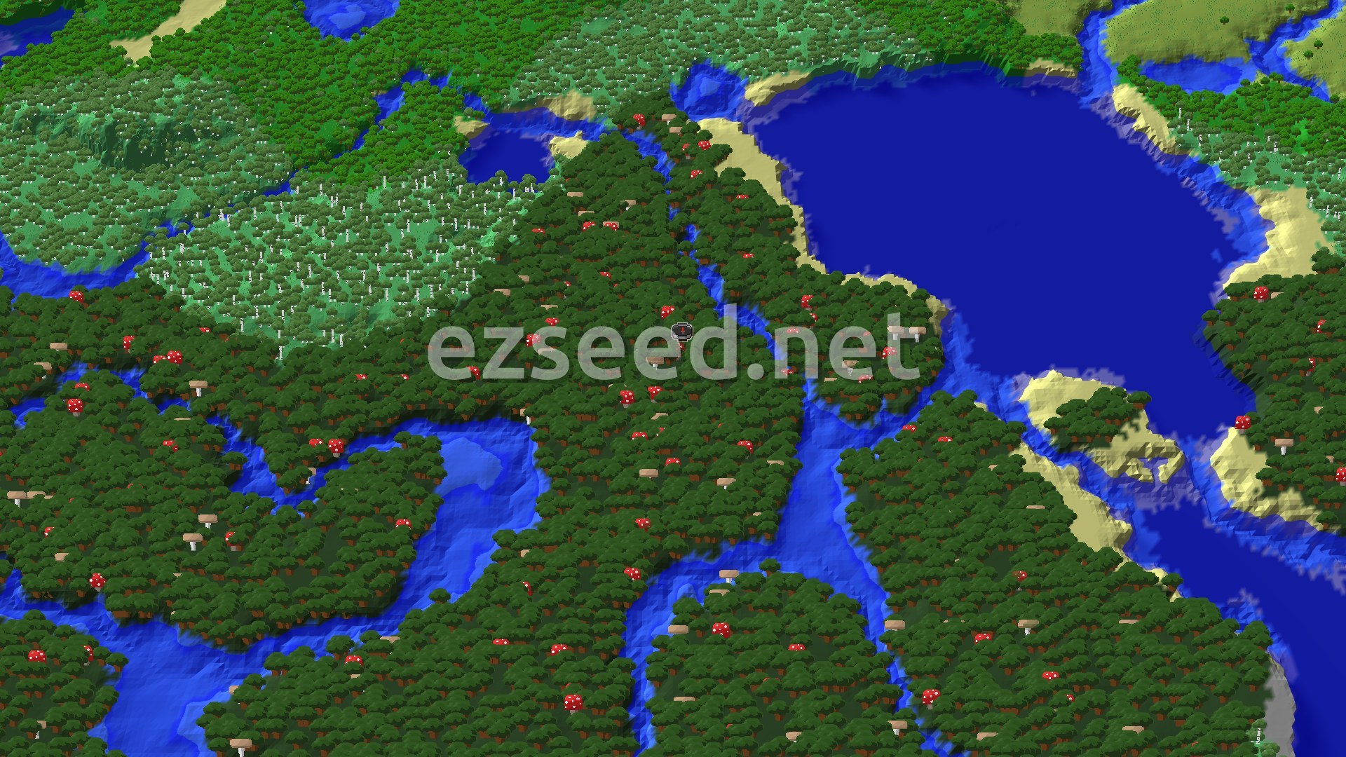 An aerial view of a dense Dark Forest biome with tall, dark oak trees and large red mushrooms, surrounded by winding rivers and a large ocean. A small spawn marker sits in the center.