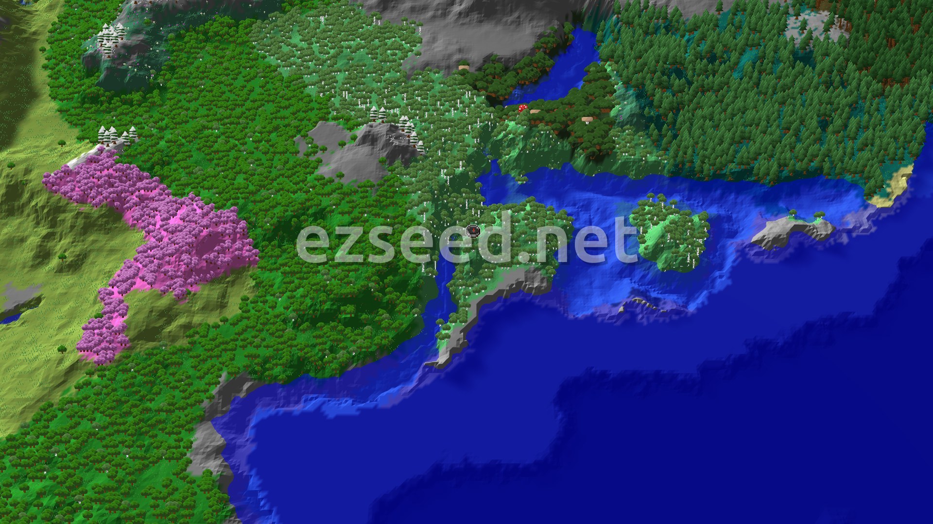 Aerial Minecraft seed map — Ocean Monument and Ancient City Near Peaks