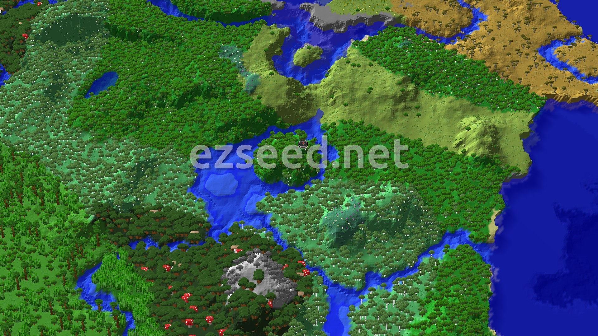 An aerial view of varied terrain with dense forests, some open plains, a few rivers, and a distant sandy biome.