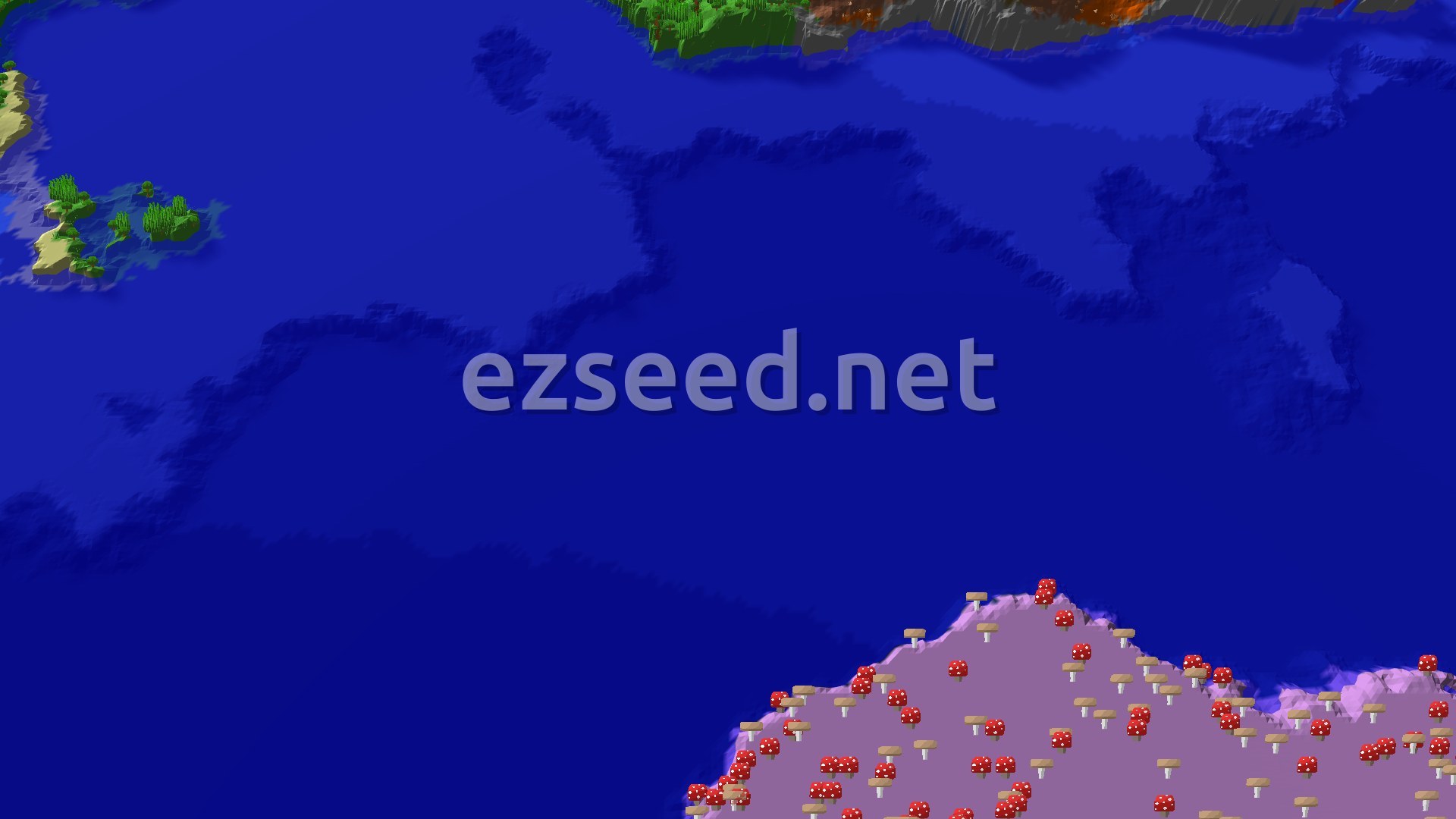 An aerial view of a Minecraft world, showing a lush green jungle island on the left, vast blue oceans, and a distinctive reddish-brown landmass with sparse trees on the far right.