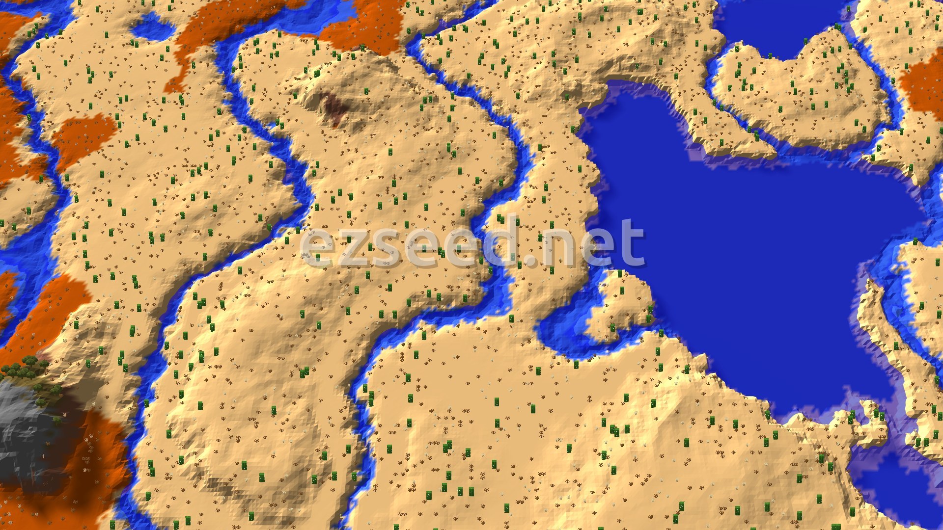 An aerial view of a mostly desert landscape, featuring rolling sand dunes, scattered cacti, and a prominent blue lake or ocean to the right. Rivers wind through the sandy terrain, and patches of darker, reddish badlands are visible in the distance.