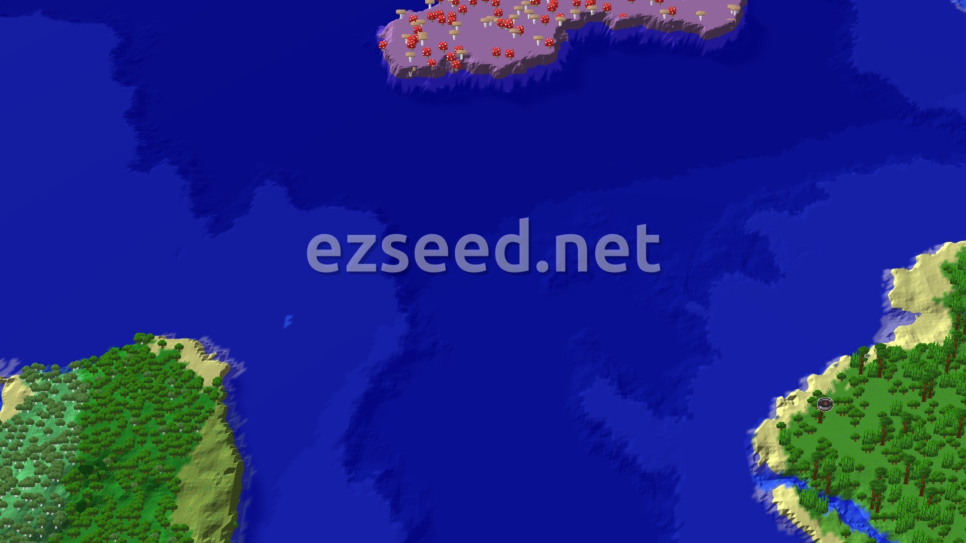 A 3D overhead view of a lush green jungle biome at the bottom right, with sandy beaches leading into a wide expanse of deep blue ocean. A large mushroom fields island with many red mushrooms is visible at the top.