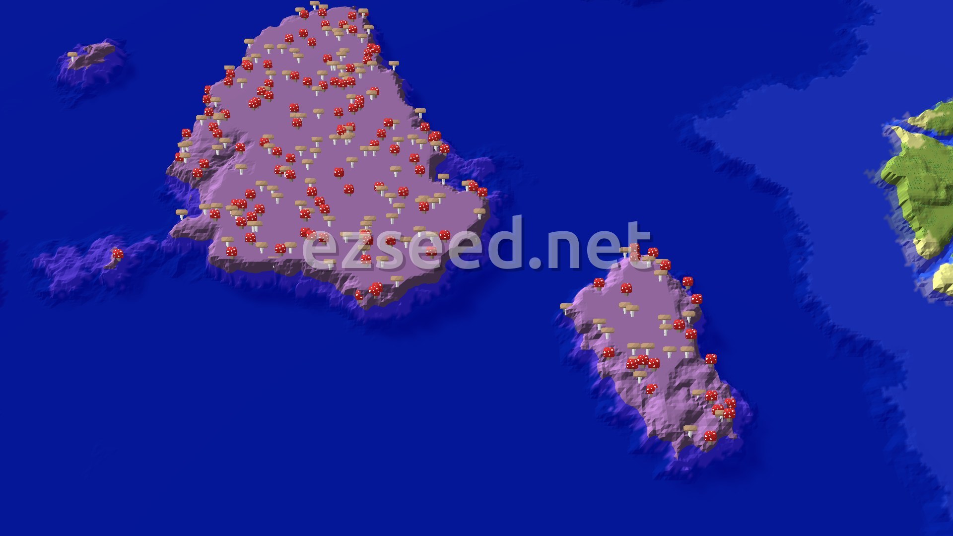 A 3D fly-over shows a spawn marker on a small beach, with a large mushroom island to the west and a smaller one to the south, all surrounded by deep blue ocean.