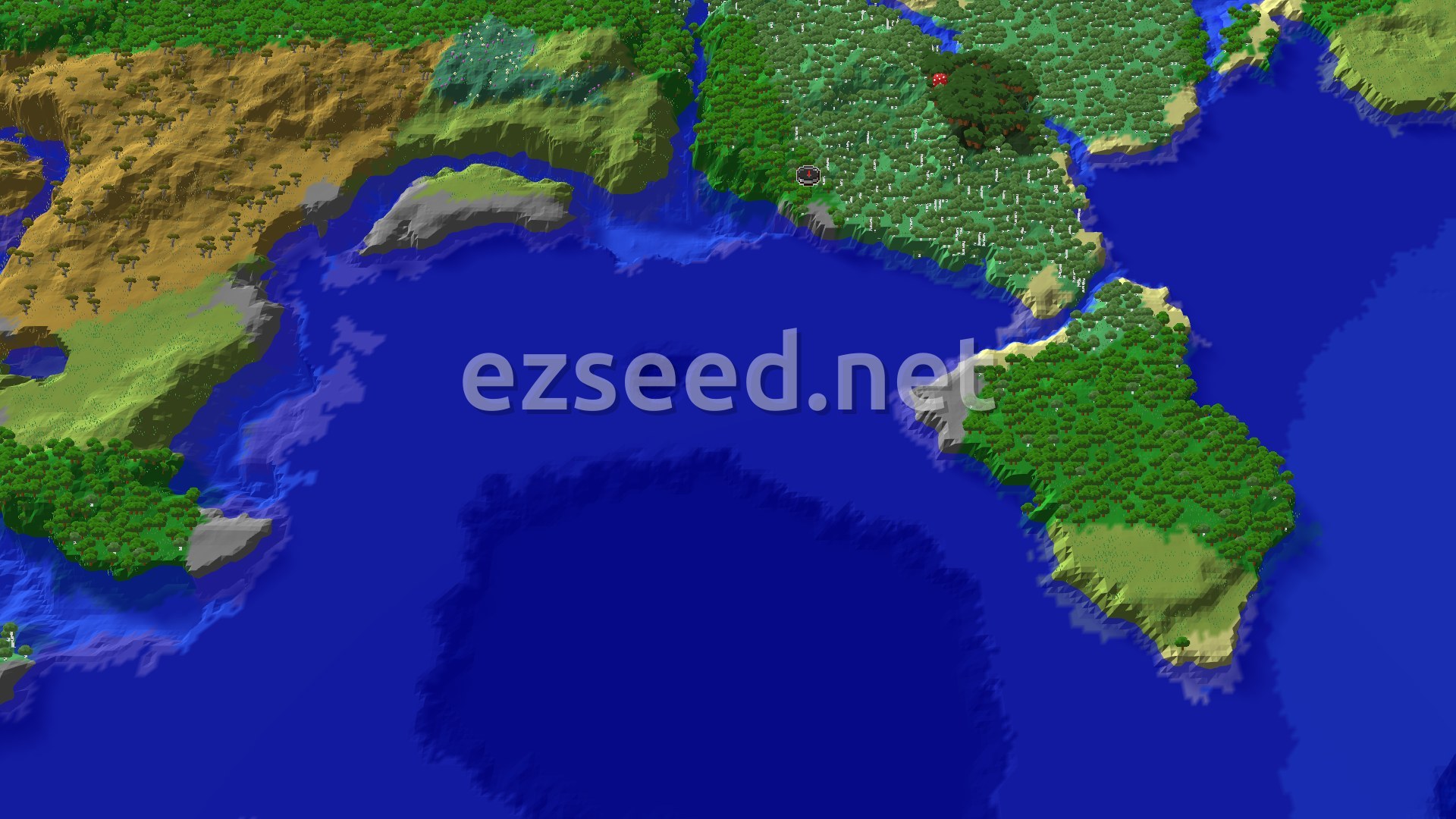 An overhead view of a diverse landscape with forests, oceans, and a prominent dark forest biome near the center, marked with a small spawn point.