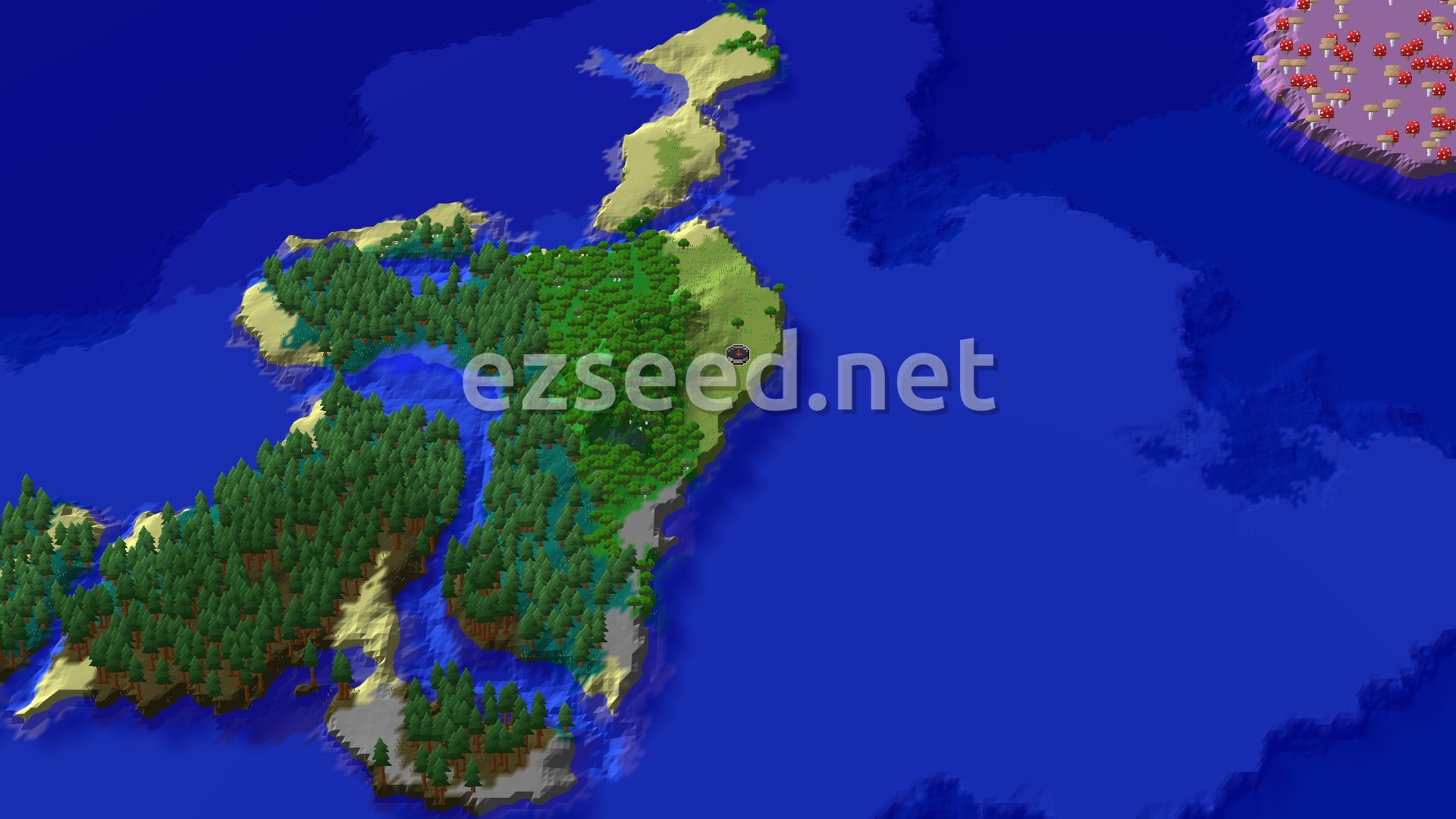 Aerial Minecraft seed map — Island Spawn with Nearby Trial Chambers