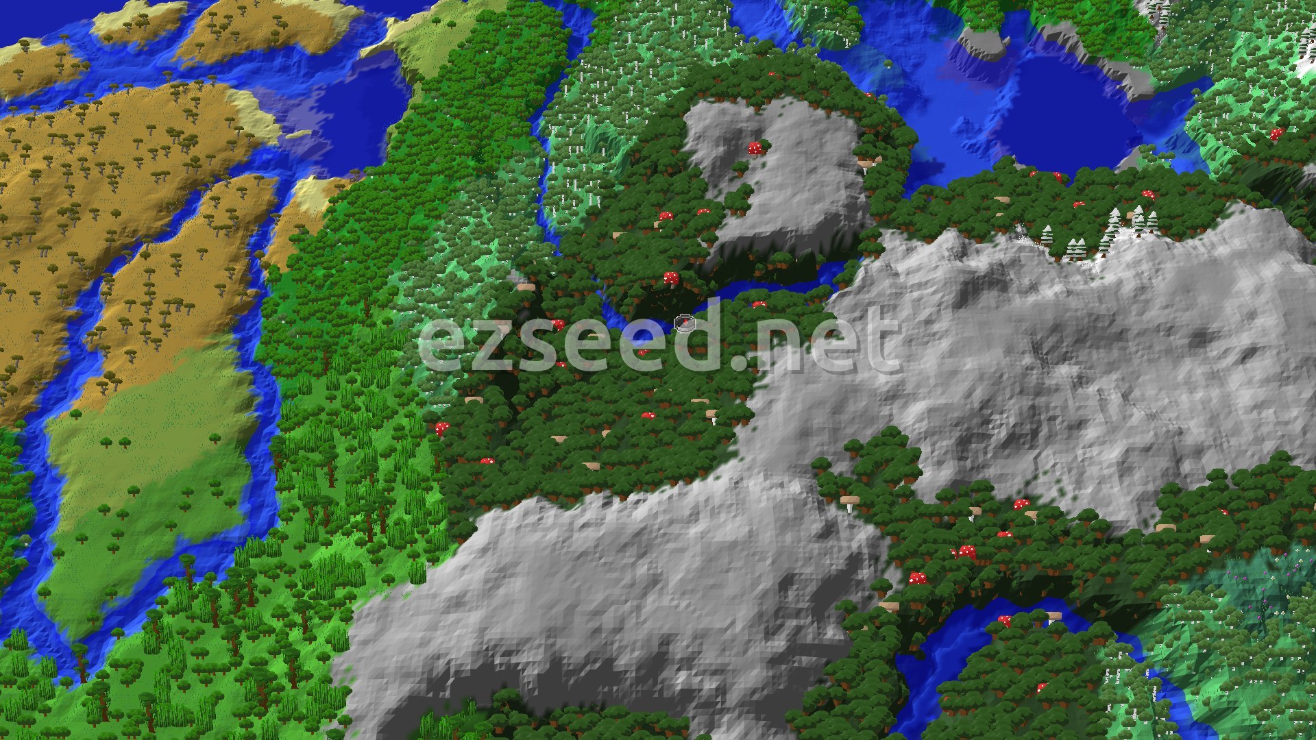 A 3D isometric view of a Minecraft world, showing a dense dark forest with red and brown mushroom blocks, bordered by rivers, a savanna, and a snowy mountain range.