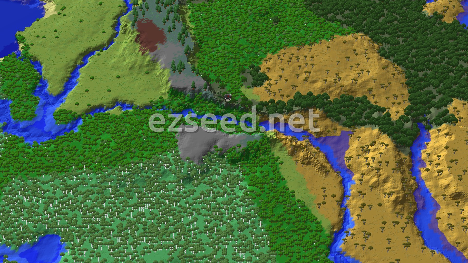 An aerial view shows a mixed landscape featuring dense green forests, a distinctive dark red patch indicating a swamp, and areas of yellow-green savanna with scattered trees, all crisscrossed by blue rivers and water bodies. A small red spawn marker is visible near the center.