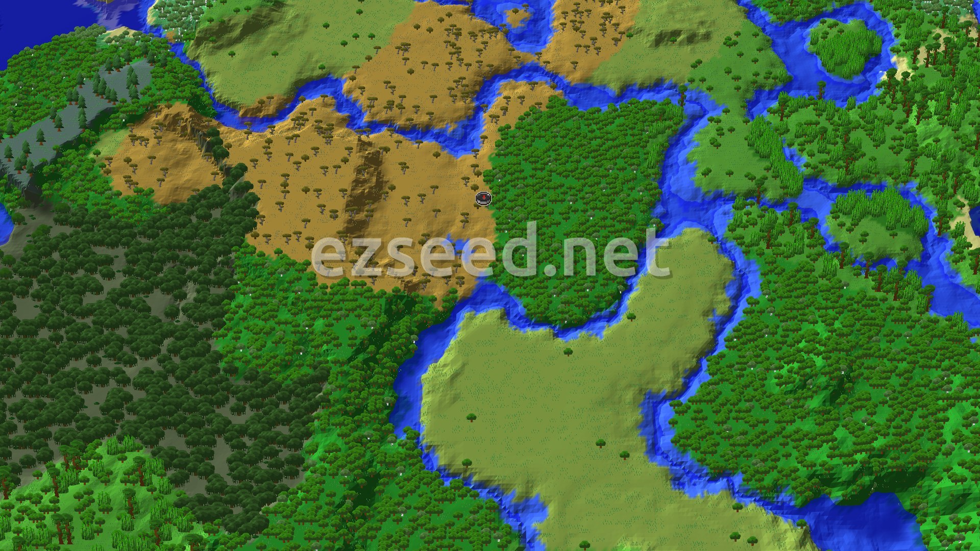 Aerial Minecraft seed map — Savanna Spawn with a Nearby Ancient City