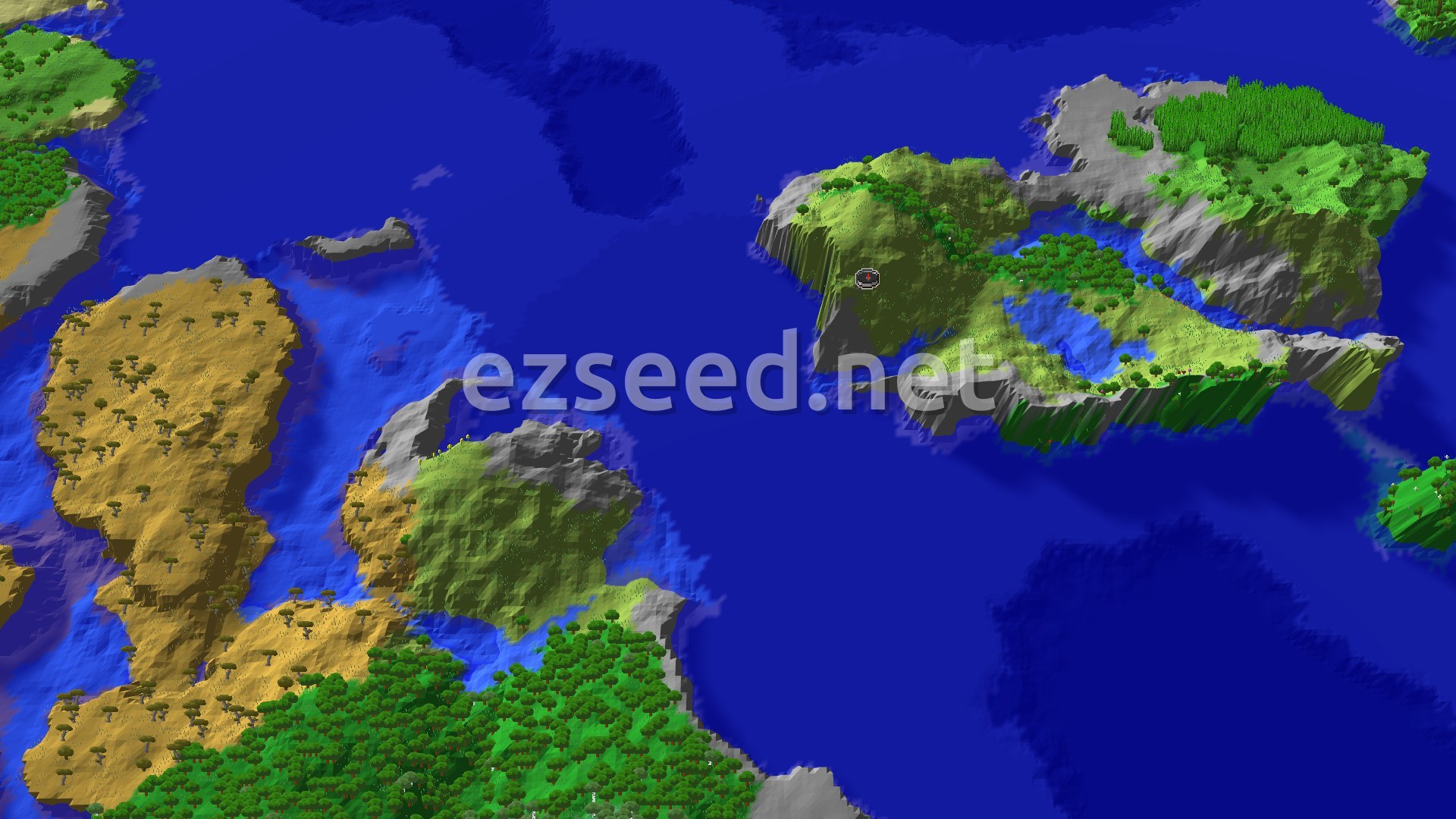 An aerial 3D view of a large island surrounded by blue ocean, featuring a mix of green plains, dense forests, and some lighter green patches, with a small spawn marker in the center.