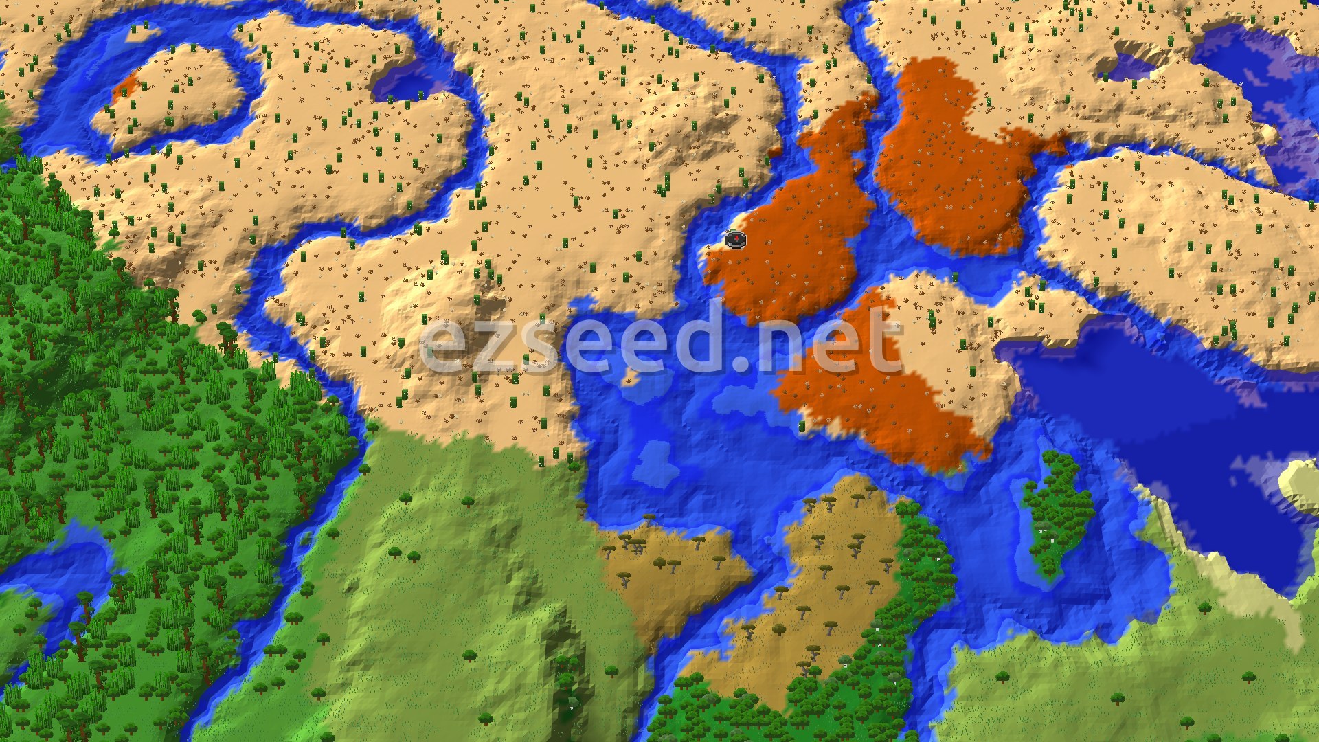 A bird's-eye view of a diverse landscape featuring a river winding through desert, badlands, and green forests.