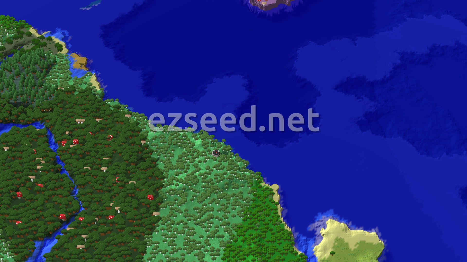 An aerial view of a Birch Forest spawn point, surrounded by various tree types, gentle hills, and glimpses of open water.