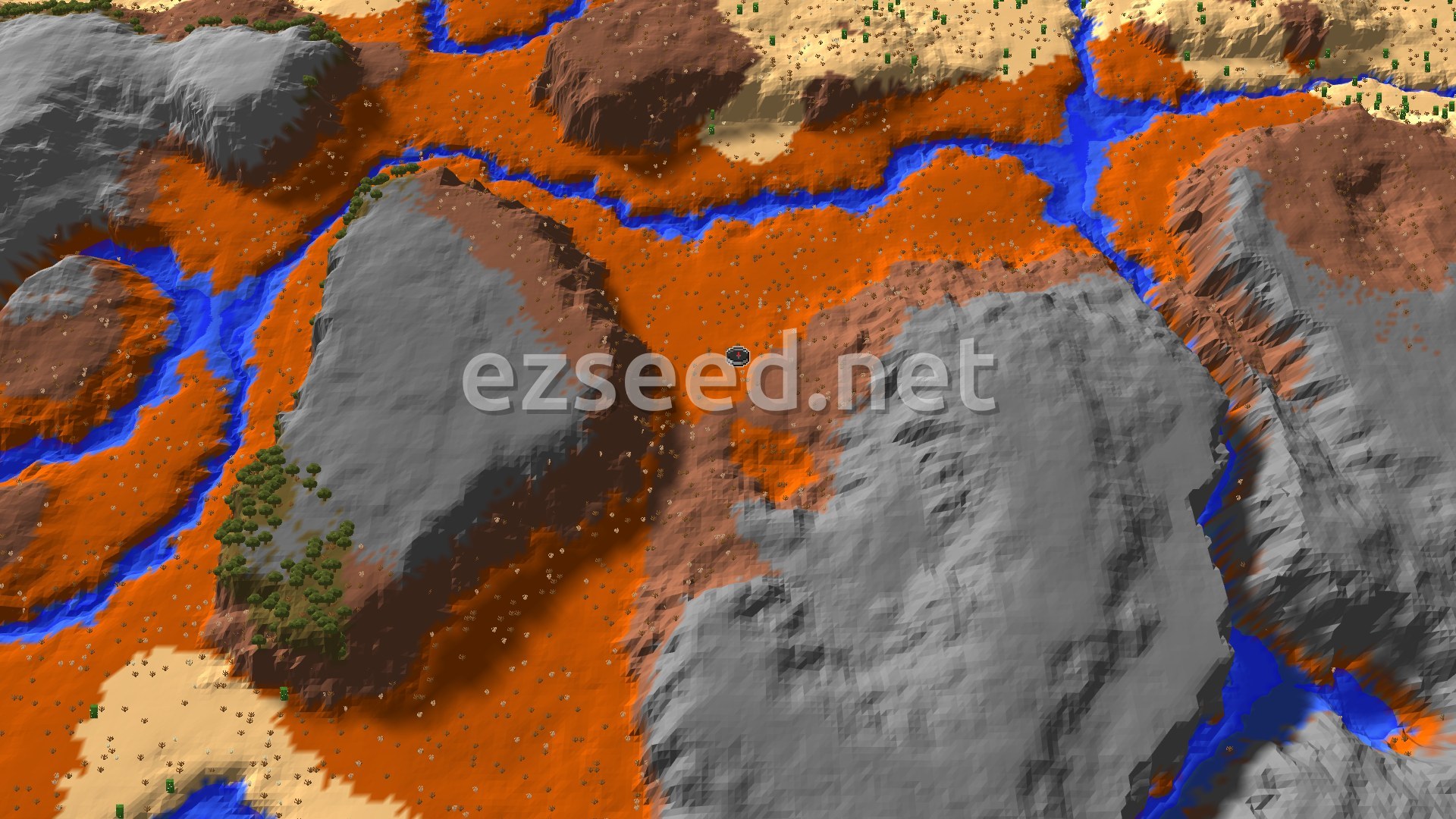 An aerial view of a varied landscape featuring vibrant orange badlands, grey stony mountains, and winding blue rivers, with sparse trees and sandy areas.
