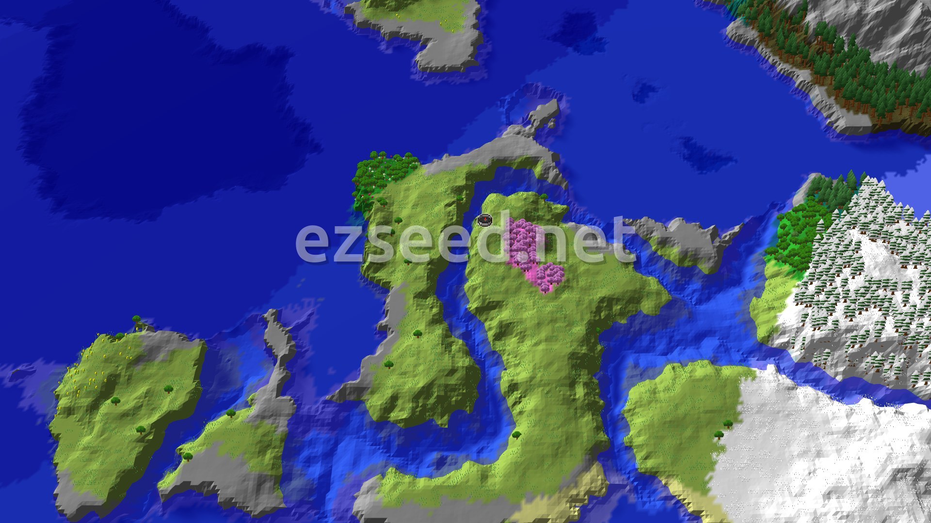 An aerial view of an island-dotted ocean, with a pink Cherry Grove and a snowy mountain range visible on a large landmass.