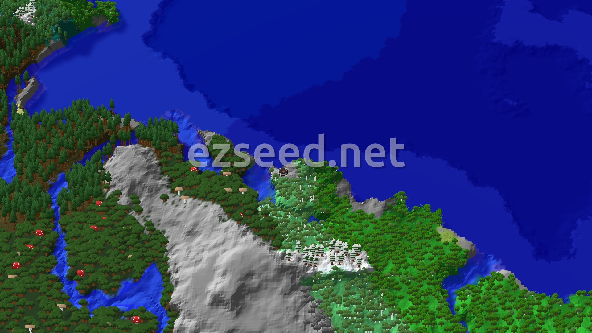 A 3D fly-over shows a spawn marker on a forested hill next to a large blue ocean, with a snowy peak to the south.