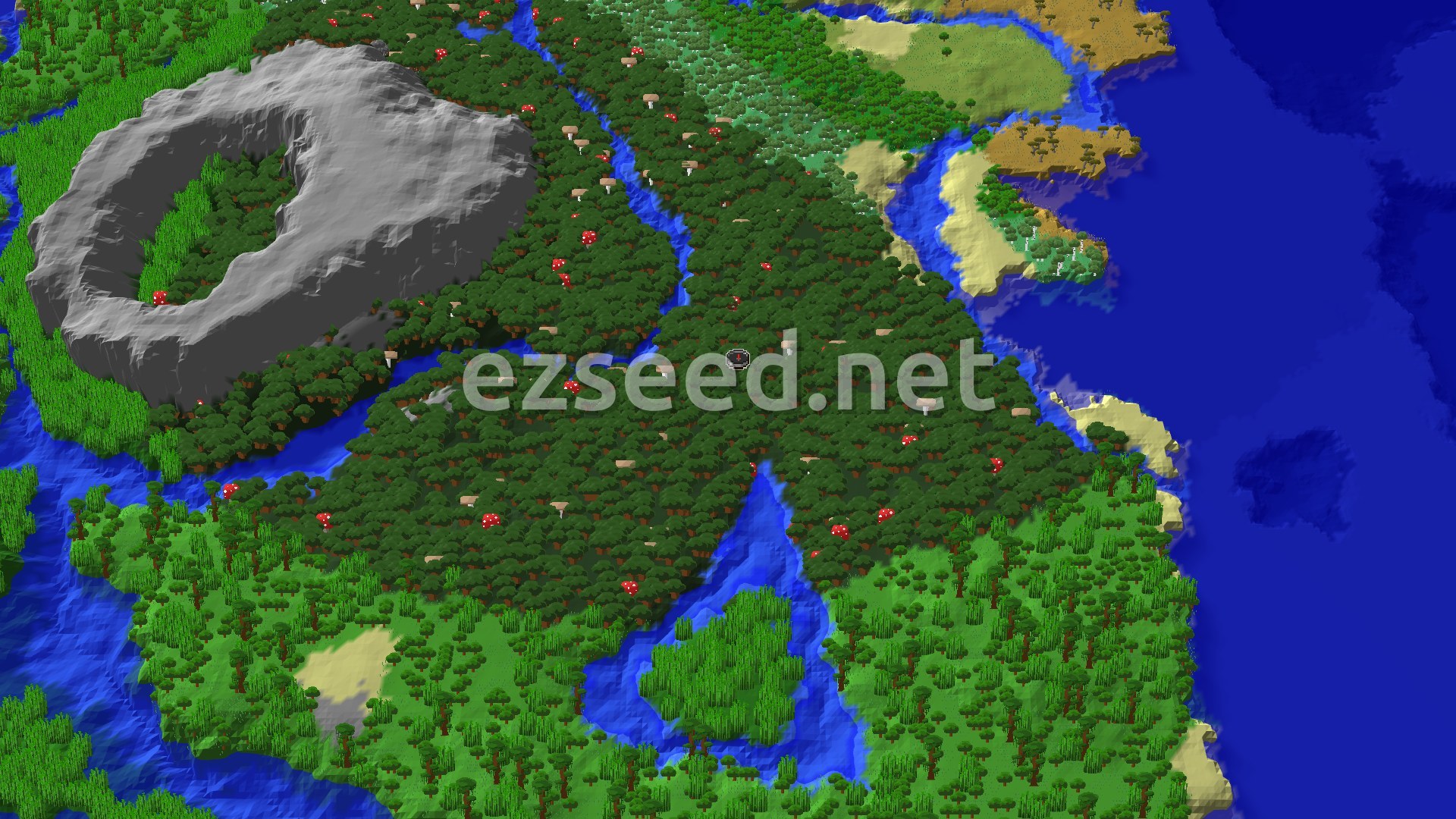 An overhead view of a dense Dark Forest with a winding river, a large grey crater, and areas of Bamboo Jungle and Beach biomes.