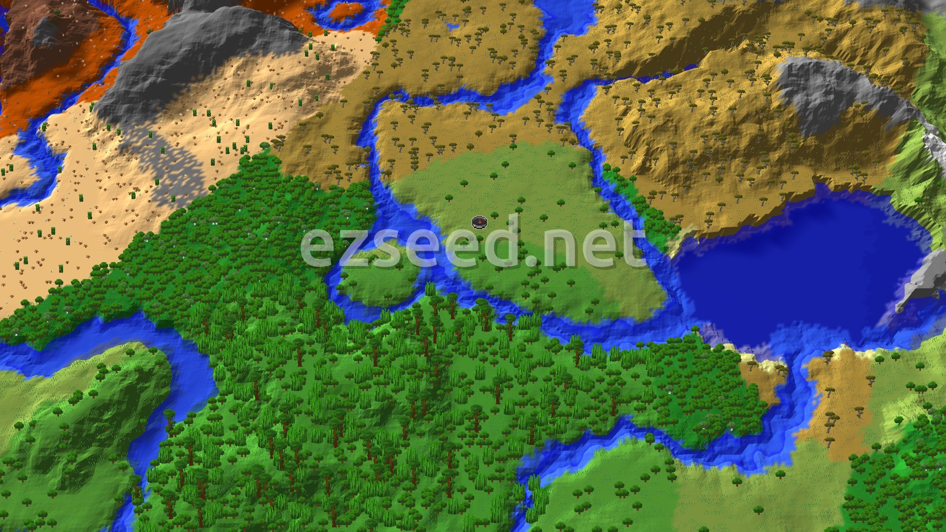 Aerial Minecraft seed map — Spawn in Plains with Jungle and Badlands nearby