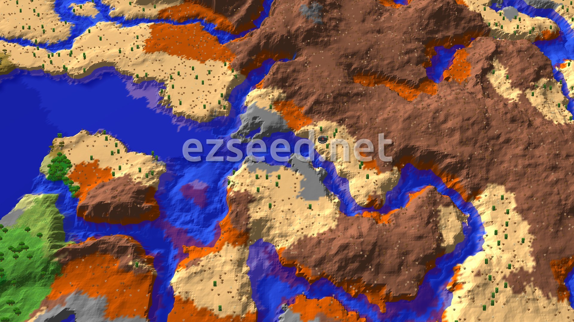 An aerial view showing a desert landscape with large expanses of sand, interspersed with patches of reddish-brown badlands and some grey stony shore areas. Blue rivers and warm ocean water wind through the terrain, and scattered cacti dot the desert.