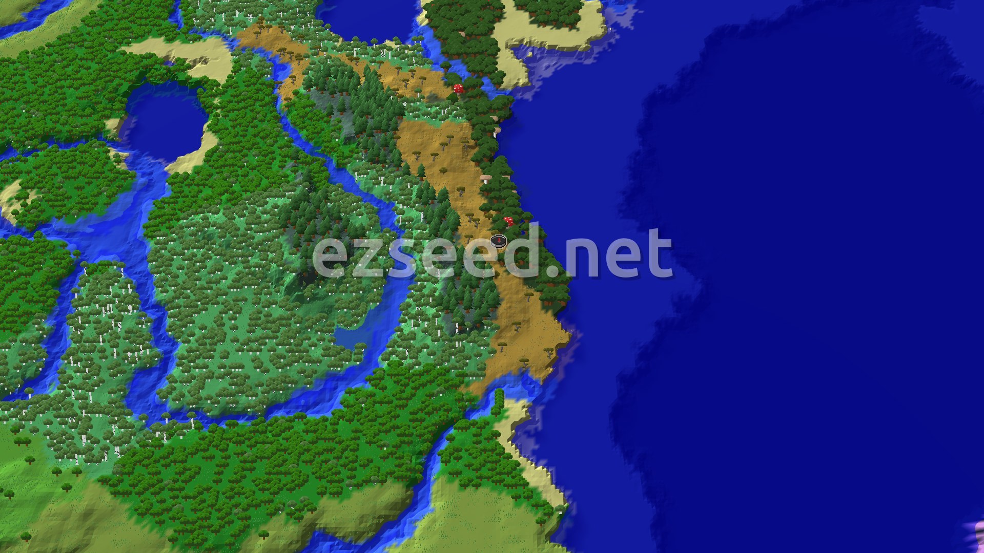 An aerial view of the spawn area, showing a mix of green forests, light brown savanna, and dark blue ocean, with a small central spawn marker.