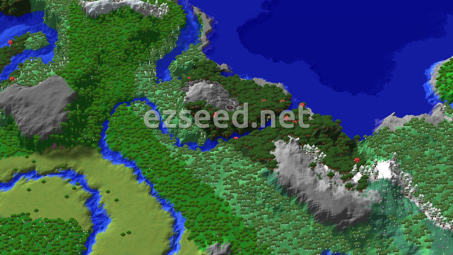 A 3D fly-over of a gentle valley with light-colored Pale Garden trees and darker Dark Forest trees, surrounded by other dense forests, with a small stream running through.