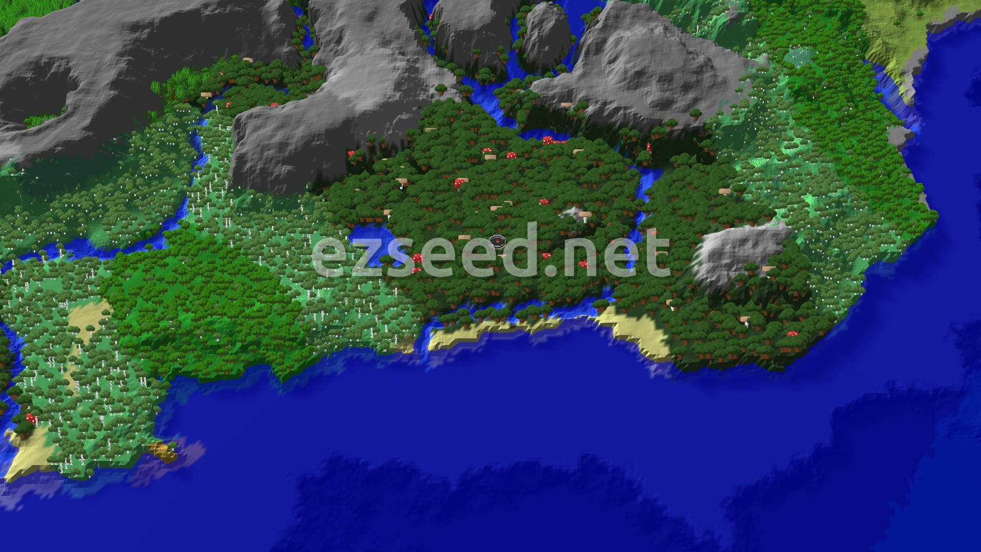 An aerial view shows a dense dark forest dominating the center, surrounded by rivers and oceans, with some sandy beaches and gray mountains in the background. A small spawn marker is visible in the middle of the forest.