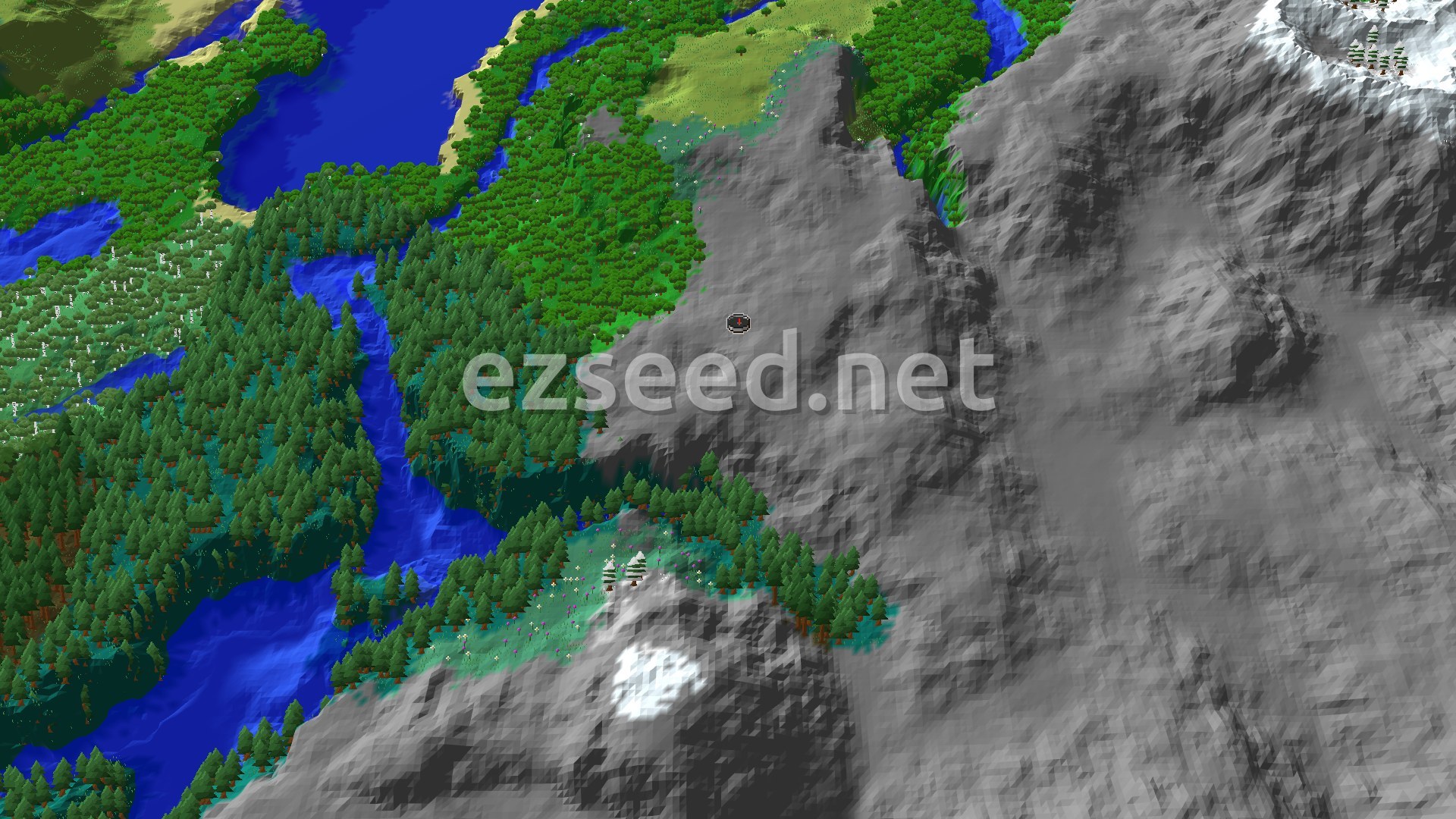 A 3D fly-over render of a Minecraft world showing a dense forest bordering a large, grey, rocky mountain range with some snowy patches and a river winding through the forest.