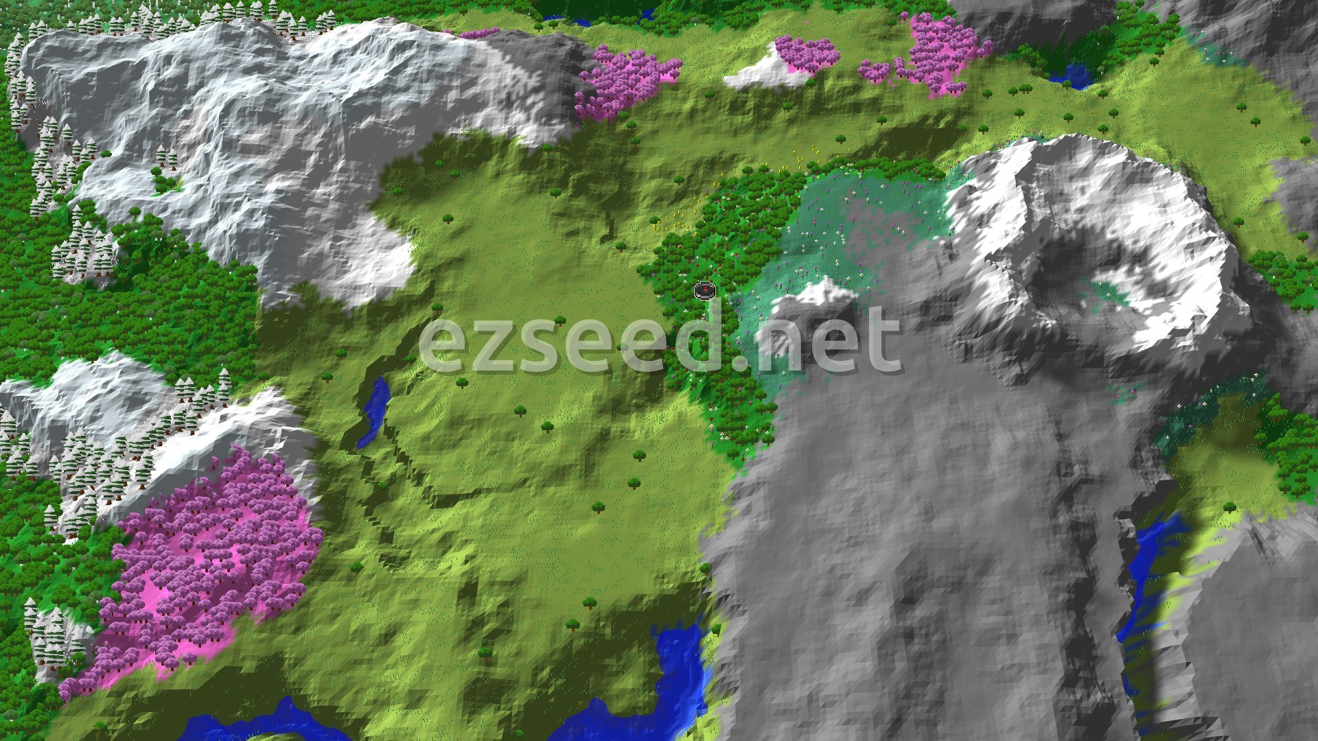A 3D fly-over of a varied landscape, showing a central patch of Flower Forest at spawn, surrounded by green plains, hills, dark forests, and dramatic grey and white snow-capped mountains. Patches of pink cherry trees are visible.