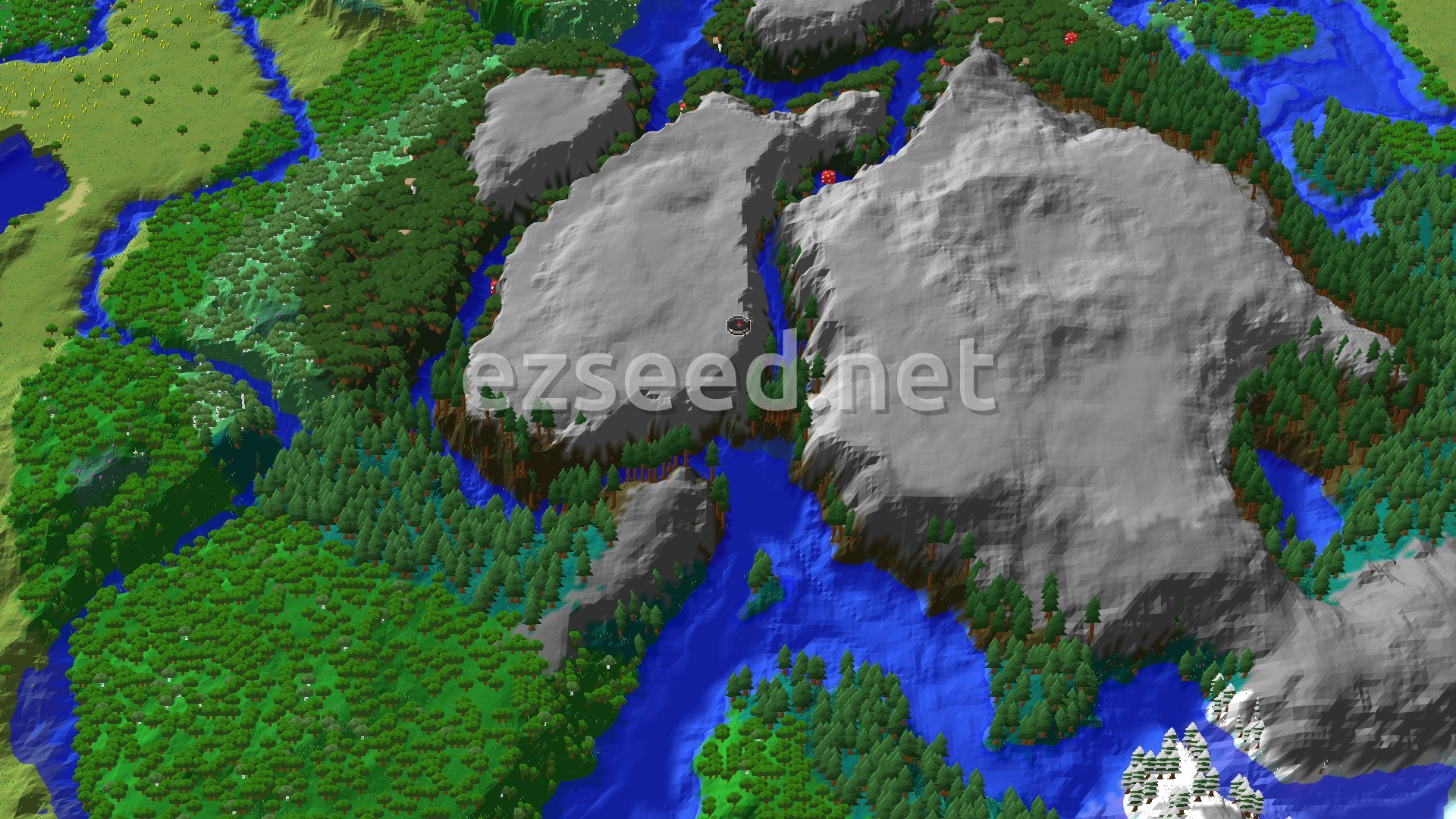 An aerial view of a forest, river, and taiga landscape with prominent grey mountains and a spawn marker in a valley.