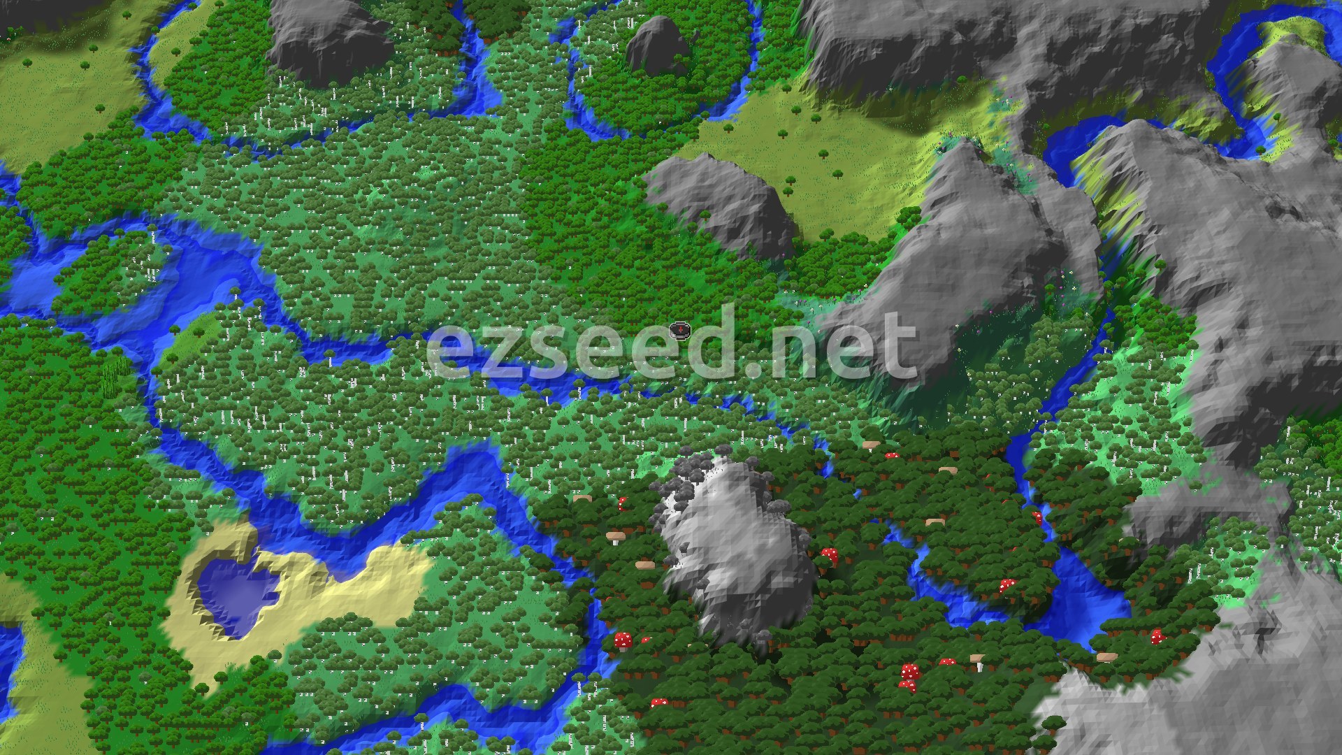 A 3D fly-over of a verdant landscape with dense forests, winding rivers, and a few patches of lighter birch trees, all nestled amongst rolling hills and grey mountains, with a small spawn marker in the center.