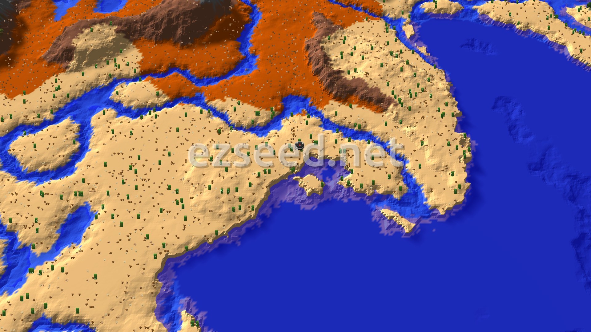 Aerial Minecraft seed map — Desert Spawn with Nearby Zombie Village
