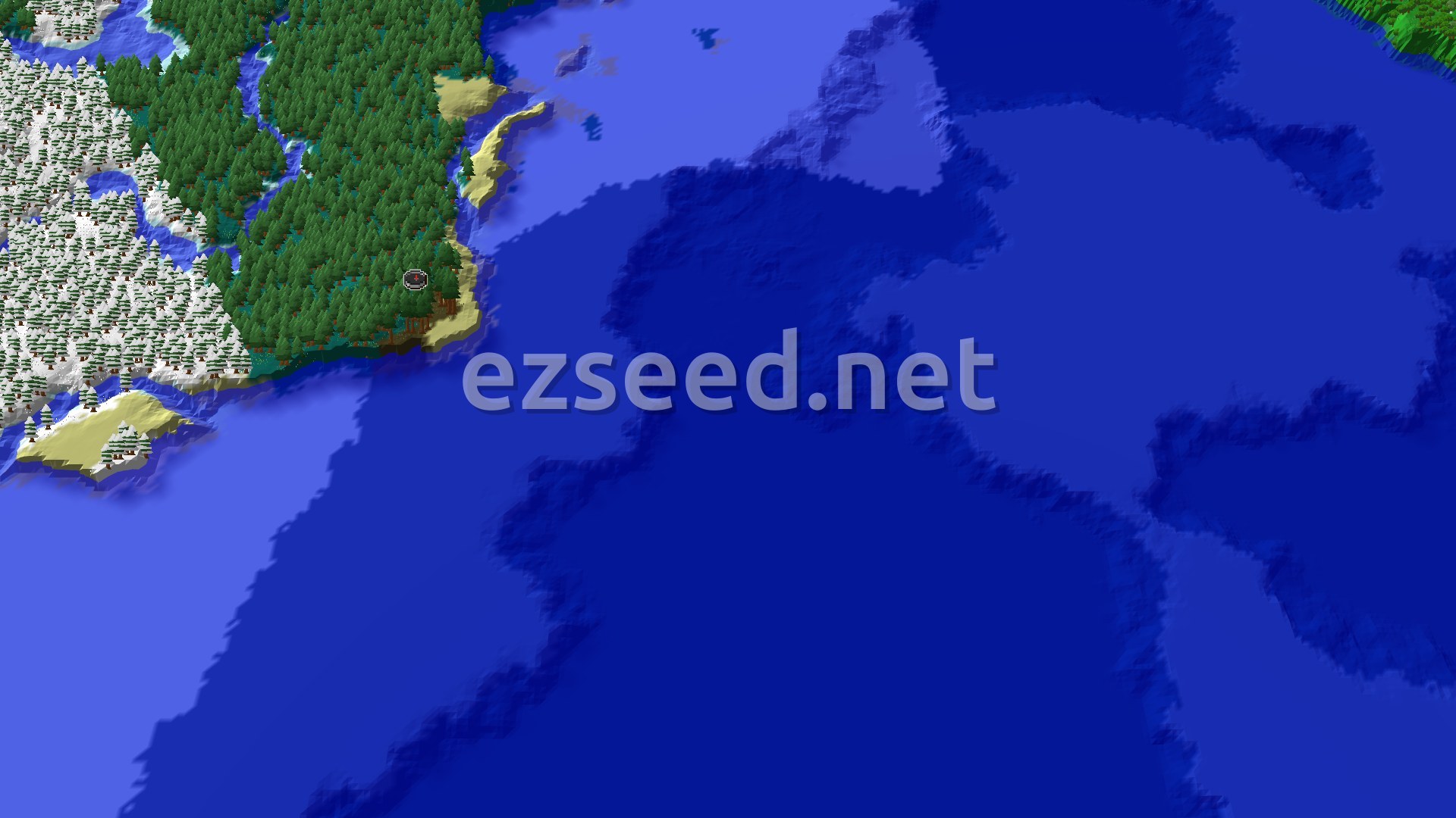 An aerial view of a taiga forest with scattered snow, open water, and a central spawn marker.