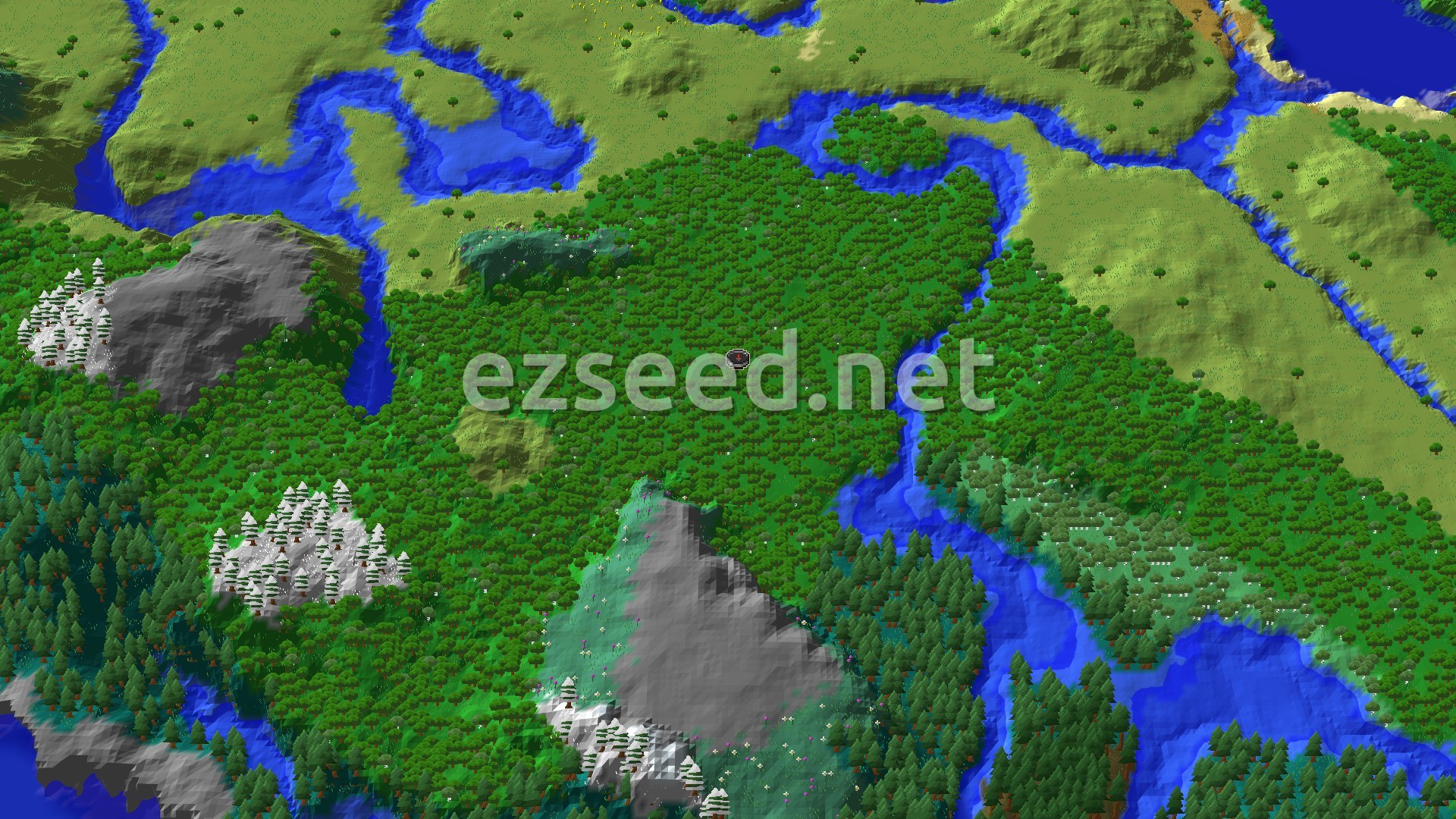 An aerial view of a Minecraft landscape featuring a dense forest around the spawn point, with rolling hills and a river visible in the distance.