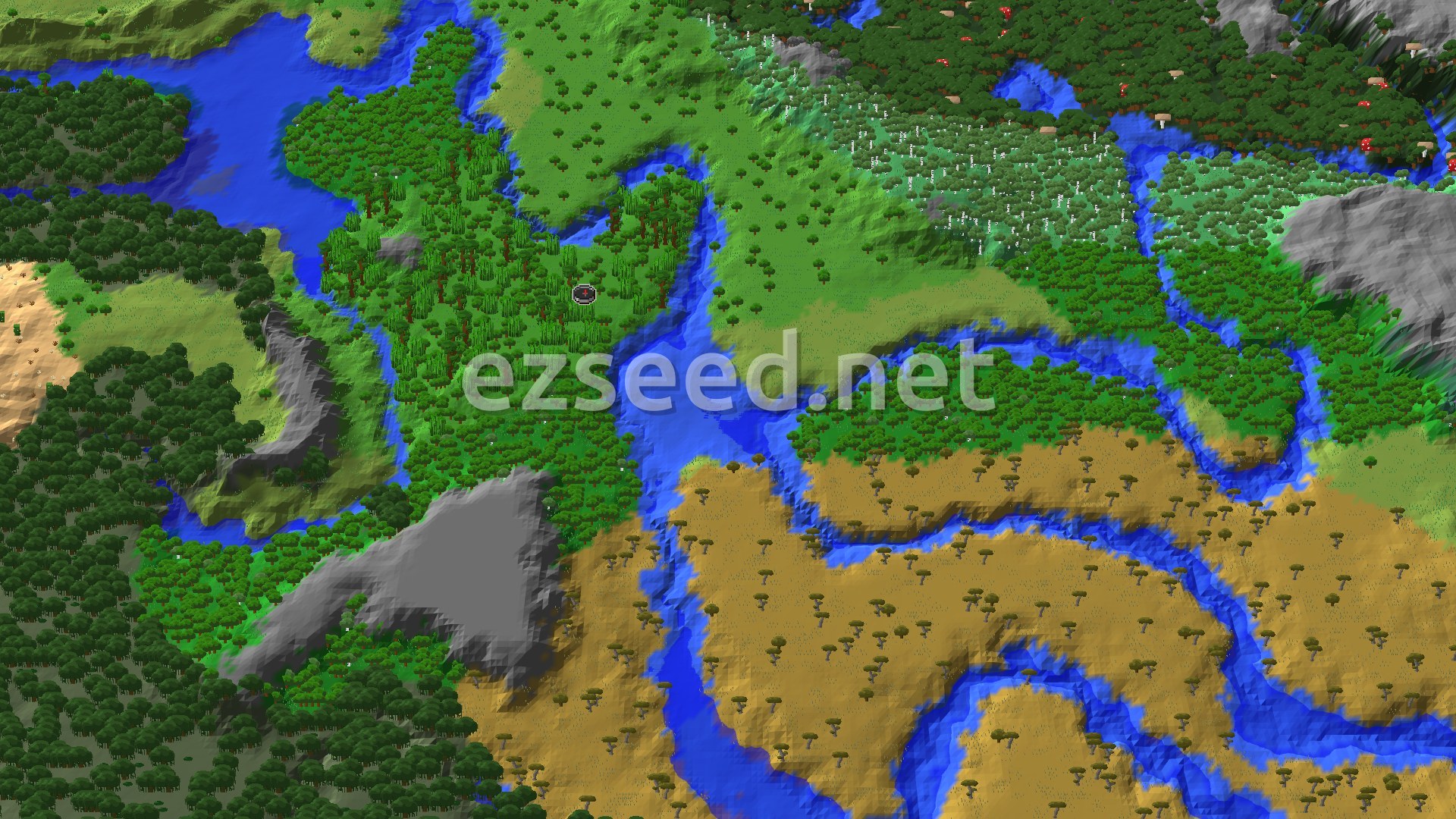 A 3D fly-over of a dense jungle landscape with winding rivers, interspersed with savanna and a darker forest biome, with a spawn marker in the central jungle.